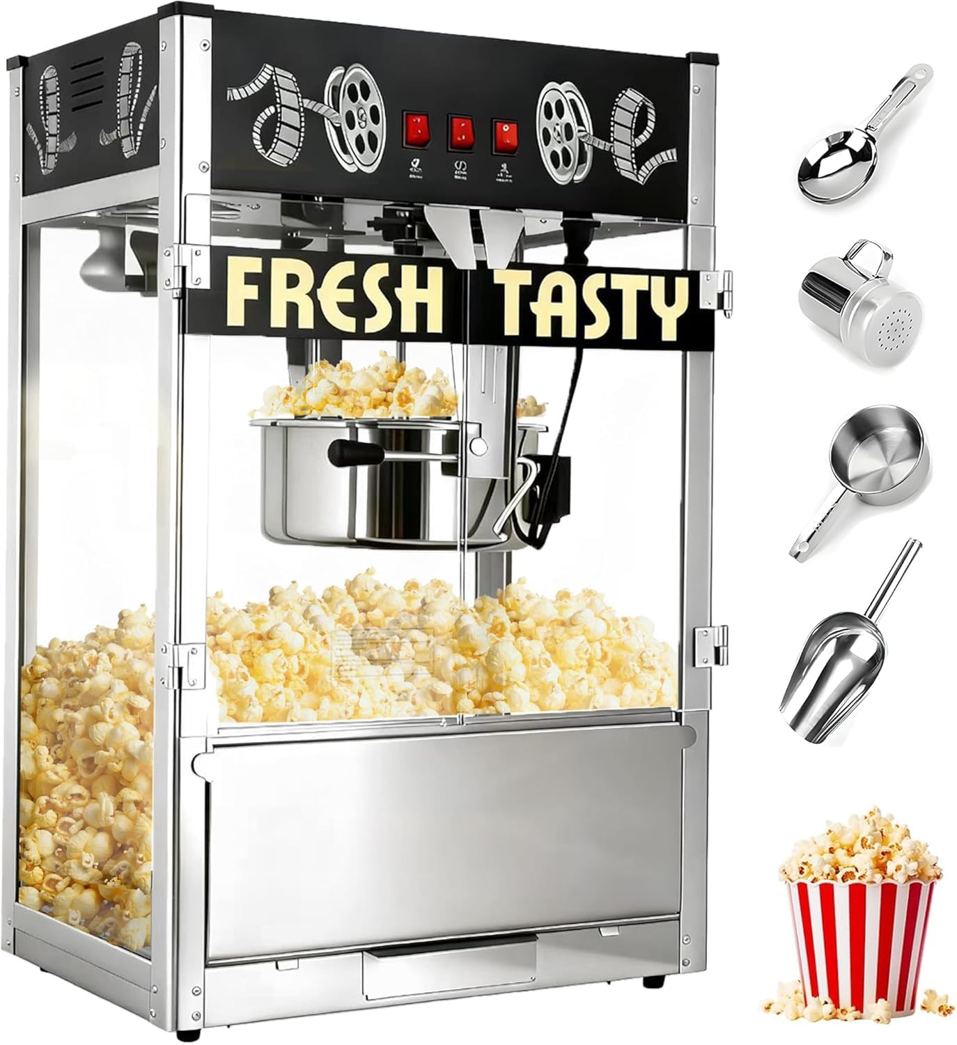 40 Oz Commercial Popcorn Machine, Large Popcorn Maker Machine, Movie Theater Countertop Pop Corn Machine with 3-Switch Control &amp; Tempered Glass Doors, Black