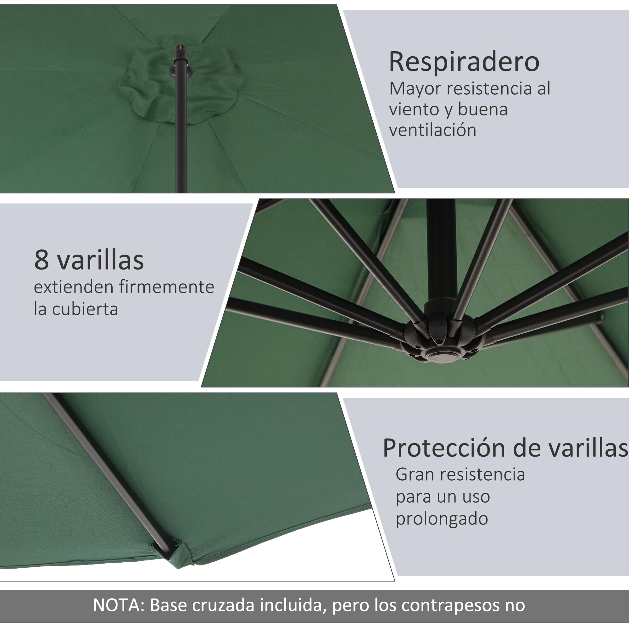 Outsunny Parasol Excéntrico Ø 295 cm Sombrilla de Jardín con Ángulo Ajustable en 3 Posiciones Base Cruzada y Manivela Tela Poliéster 180 g/m² Sombrilla para Terraza Patio