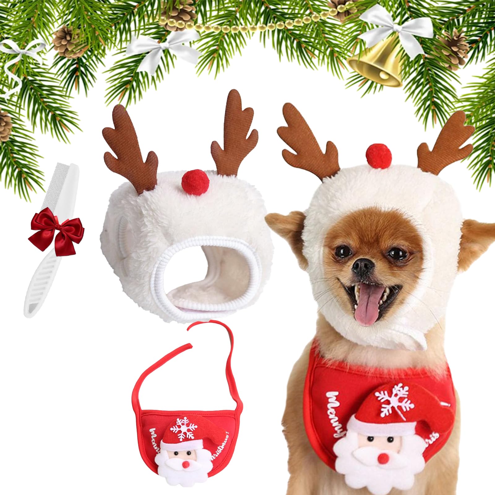 Adorable Christmas Tree Pom-Pom Hat, Adjustable Christmas Tree Hat for Dogs, Funny Soft Pet Xmas Hats, Santa Costume for Small Dog Cat (White, S)