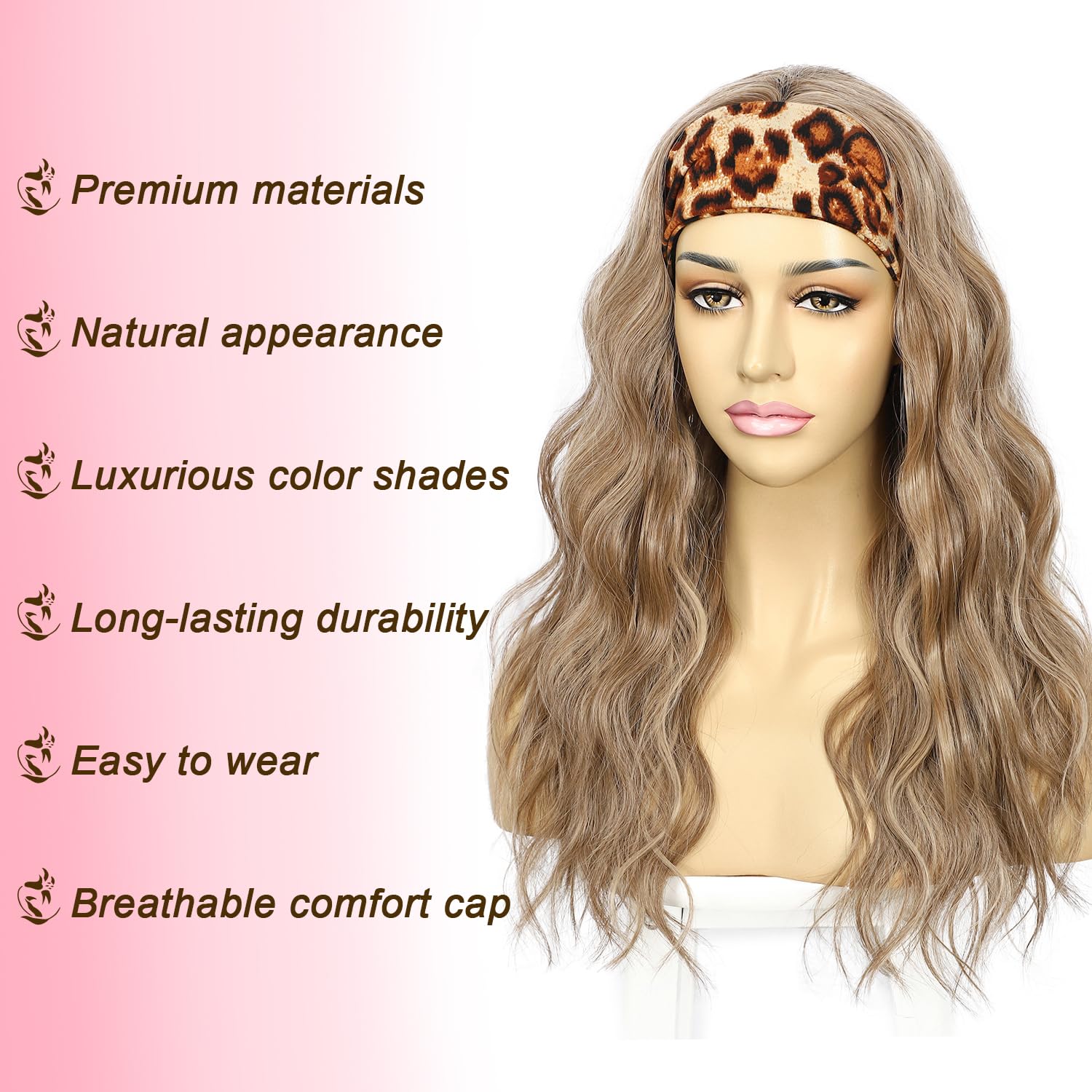 Sapphirewigs Headband Wig Brown Wavy Synthetic Headband Wigs for Women Body Wave Glueless Short Hair Daily Wear Date Party Halloween Christmas 20 inch - Image 3