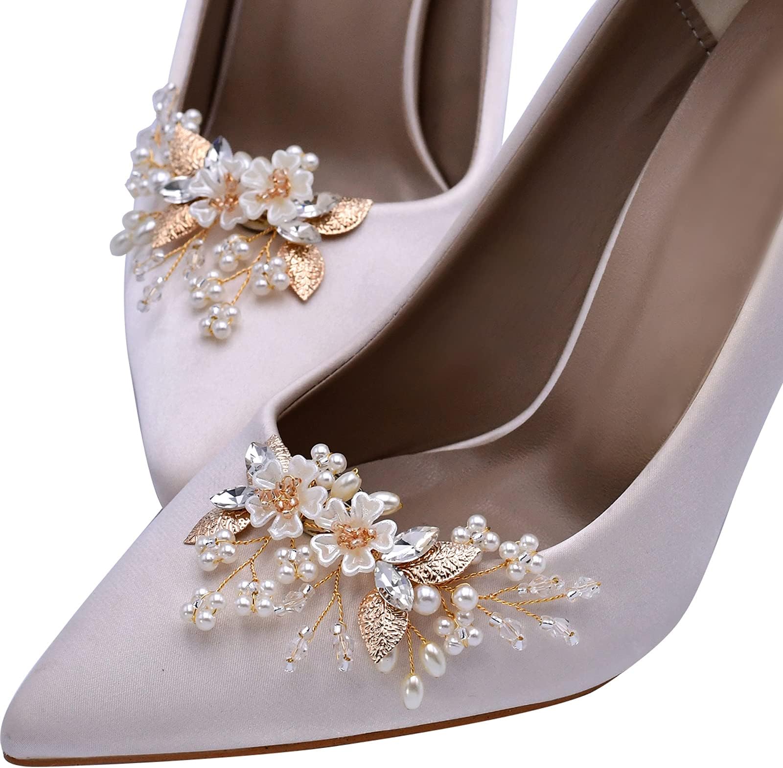 2 Pcs Pearl Shoe Clips for Pumps Wedding, Rhinestone Crystal Bridal Shoe Buckles Clips for Women and Girl(Gold)