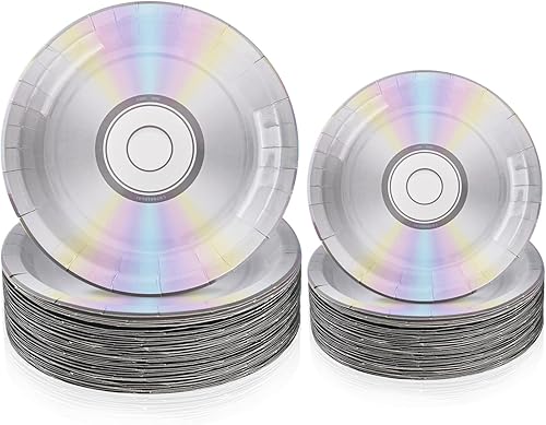 Miniatura 1 de Paquete de 100 platos de papel de CD  Platos decorativos desechables de 7 y 9 pulgadas para decoraciones de fiesta de los años 90 y suministros de