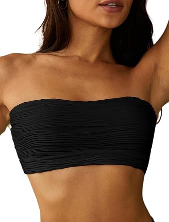 ZAFUL Women Textured Bandeau Bikini Top Lace up Strapless Swimsuit Solid Color High Cut Bathing Suits Top Only