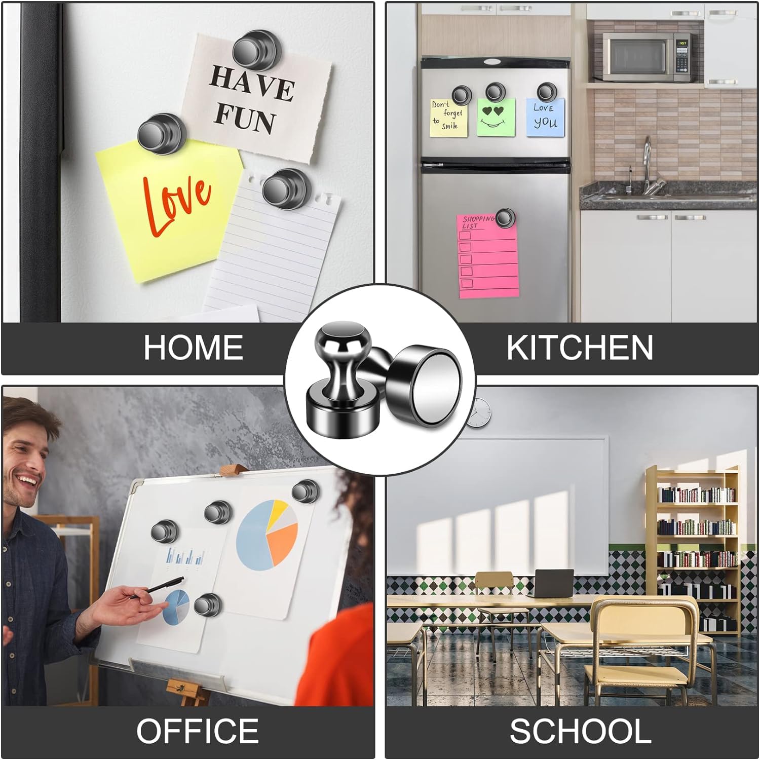 Snapklik.com : 60 Pack Magnetic Push Pins, Black Strong Fridge Magnets ...