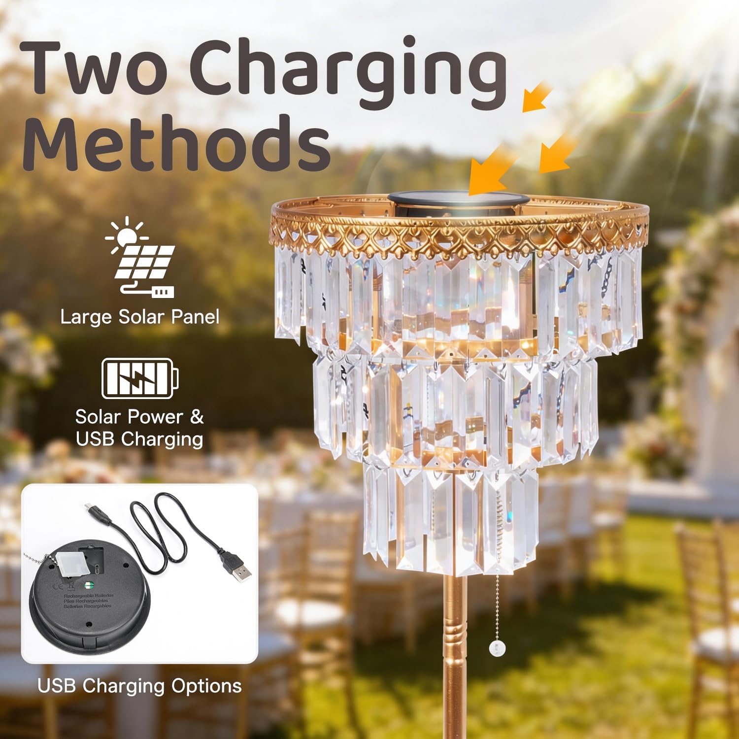 Solar Floor Lamp Outdoor Crystal Light Waterproof LED Rechargeable Patio Ambience Decor Light with 2-Way Lighting (Warm/Cool White) 4FT Tall Gold Metal Stand-Up Cordless Lounge Lamp for Balcony