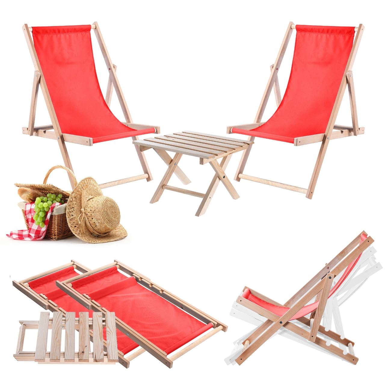 KADAX Table pliante avec 2 chaises longues, petite table de jardin en bois, table d'appoint pour balcon et jardin, petite table basse pliable (rouge)