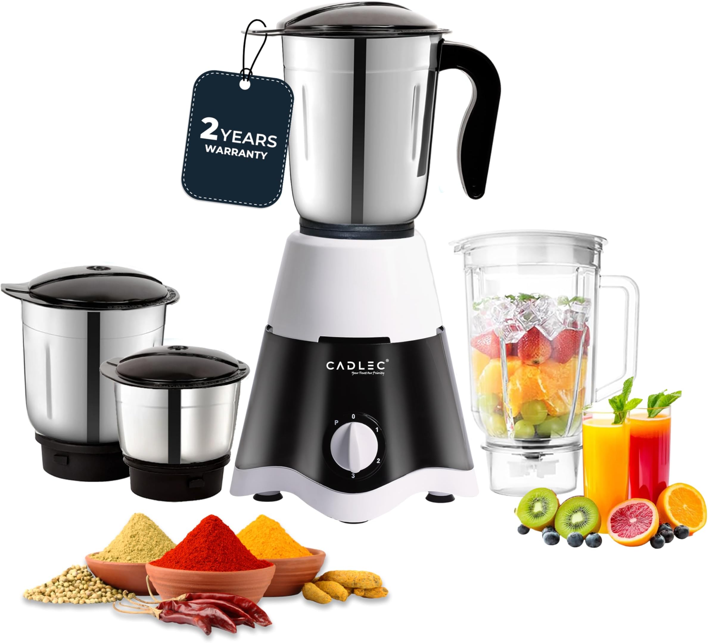 - Cadlec JarGenie 4 Jar 750 Watt Mixer Grinder | High-Power Juicer, Blender & Mixer | Durable ABS Body | Multi-Function for Juicing & Blending | 2-Year Warranty