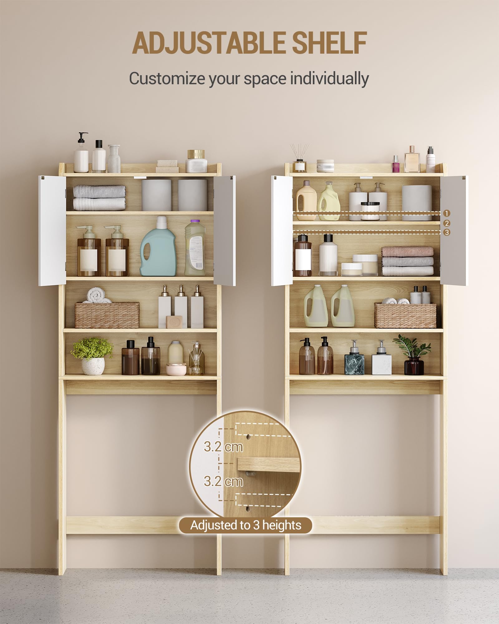 Hzuaneri Mobile lavatrice,24 x 65 x 185cm, Rip. regol.,Bianco-Rovere | 2 ripiani apribili, Mobile sopra lavatrice, Stile moderno minimalista, Porta WC doppia anta, LR65031X