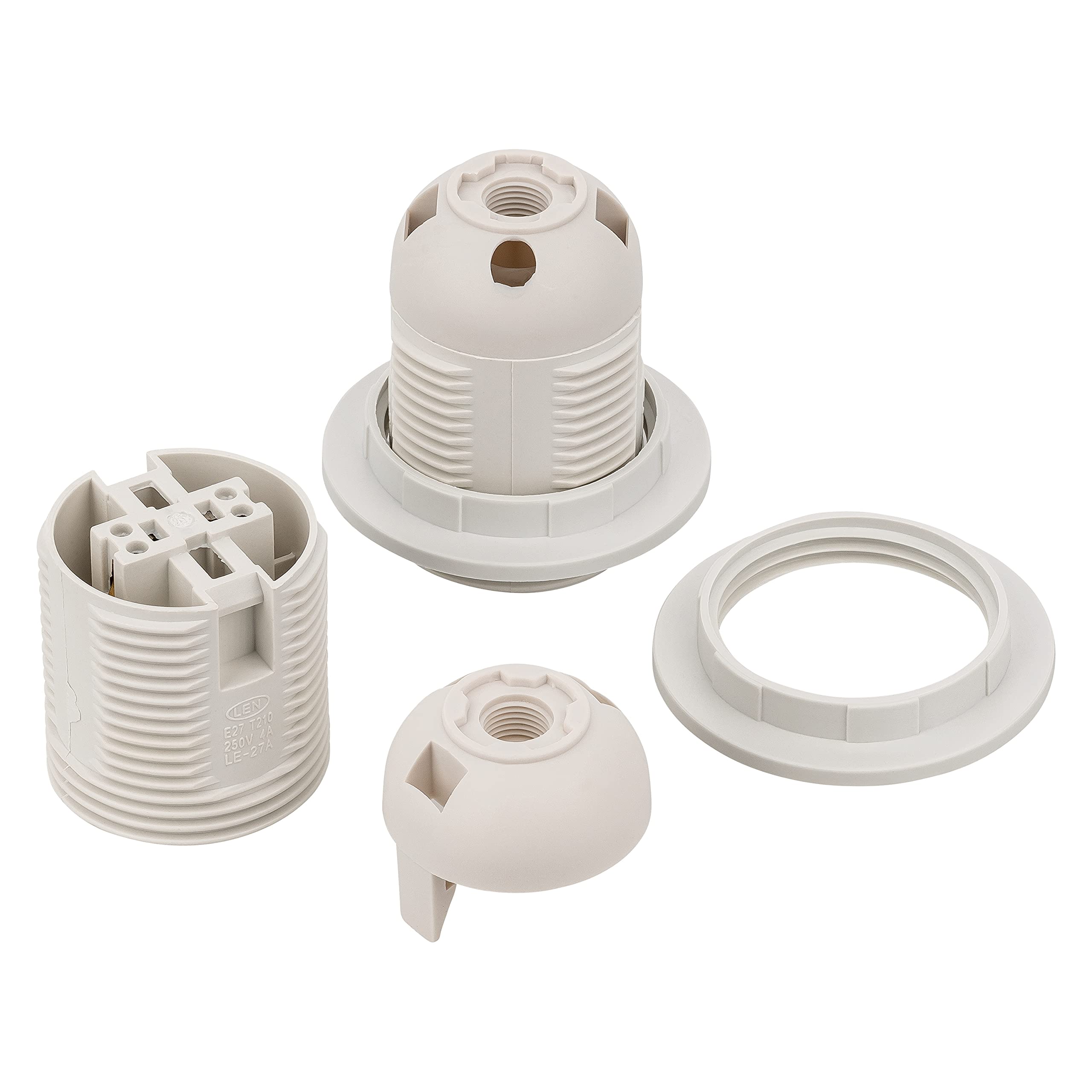 ISOLATECH 20x Casquillo E27 de Plástico con 2 Anillos para Pantalla | Máx. 250V/4A, Para bombillas LED y de bajo consumo, Soporte para techo, baño, cocina y nevera