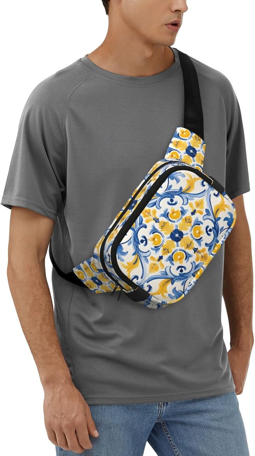 Yellow Blue Ornament Tiles Fanny Pack for Women Men Fashion Waist Packs with Adjustable Strap Crossbody Belt Waist Bag for Hiking Running Travel