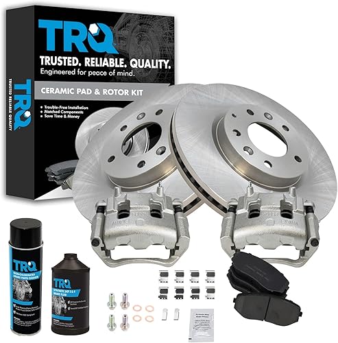 TRQ Kit de pastillas de freno delantero y rotor, pinza de freno, kit químico, pastillas de freno, rotor de freno de cerámica, compatible con Mazda