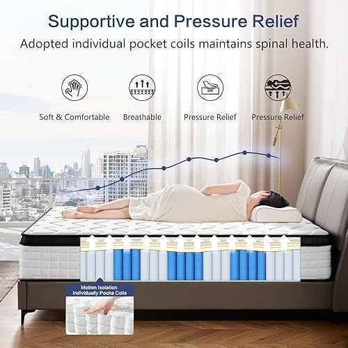 Miniatura 5 de Colchón tamaño King de 12 pulgadas, colchón de firmeza media para noches frescas y alivio de presión, alivio de presión de soporte de bordes con