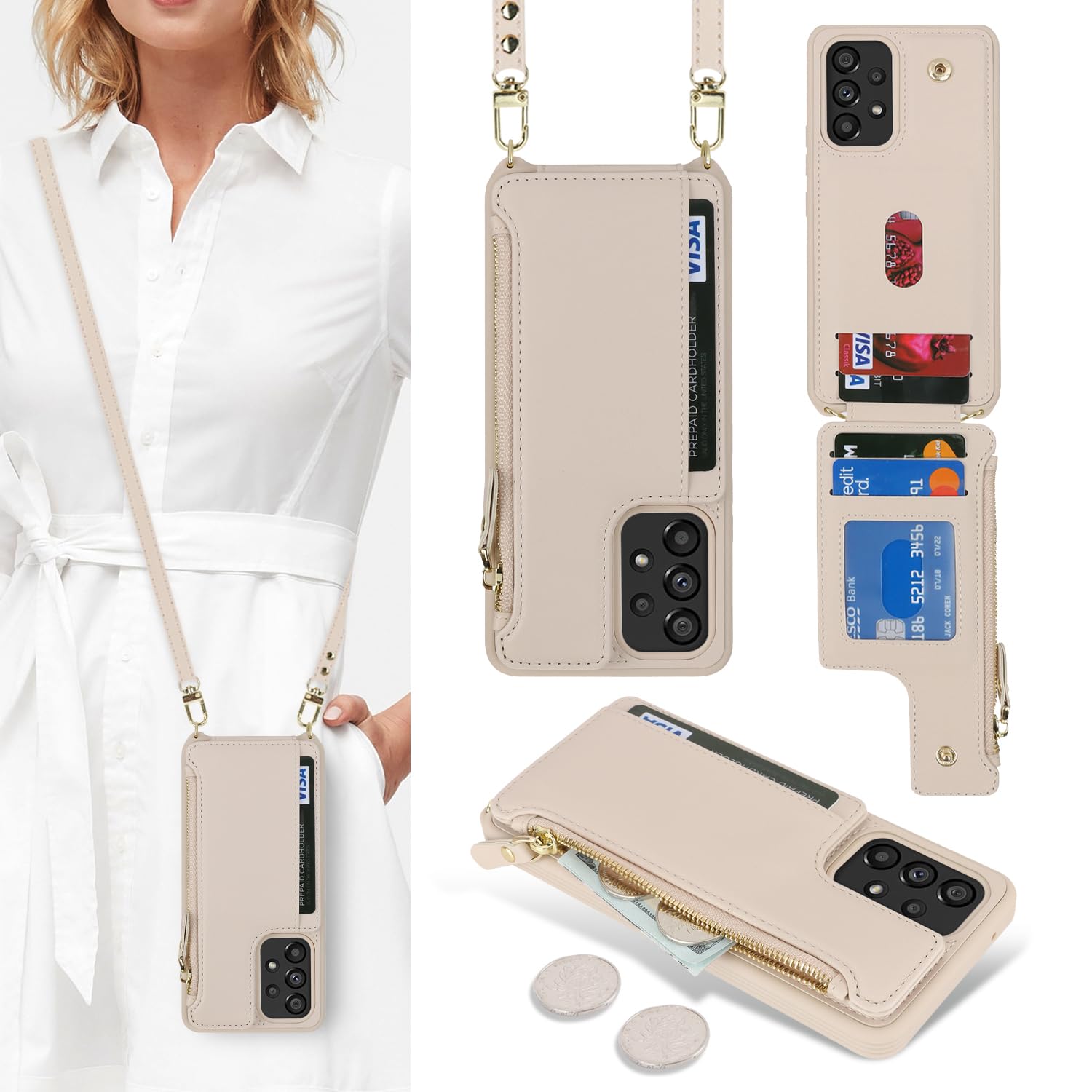 Cavor for Samsung Galaxy A53 5G Case Wallet for Women, Galaxy A53 5G Crossbody Case with Strap,Leather Zipper Pocket Card Holder Phone Cover-Cream