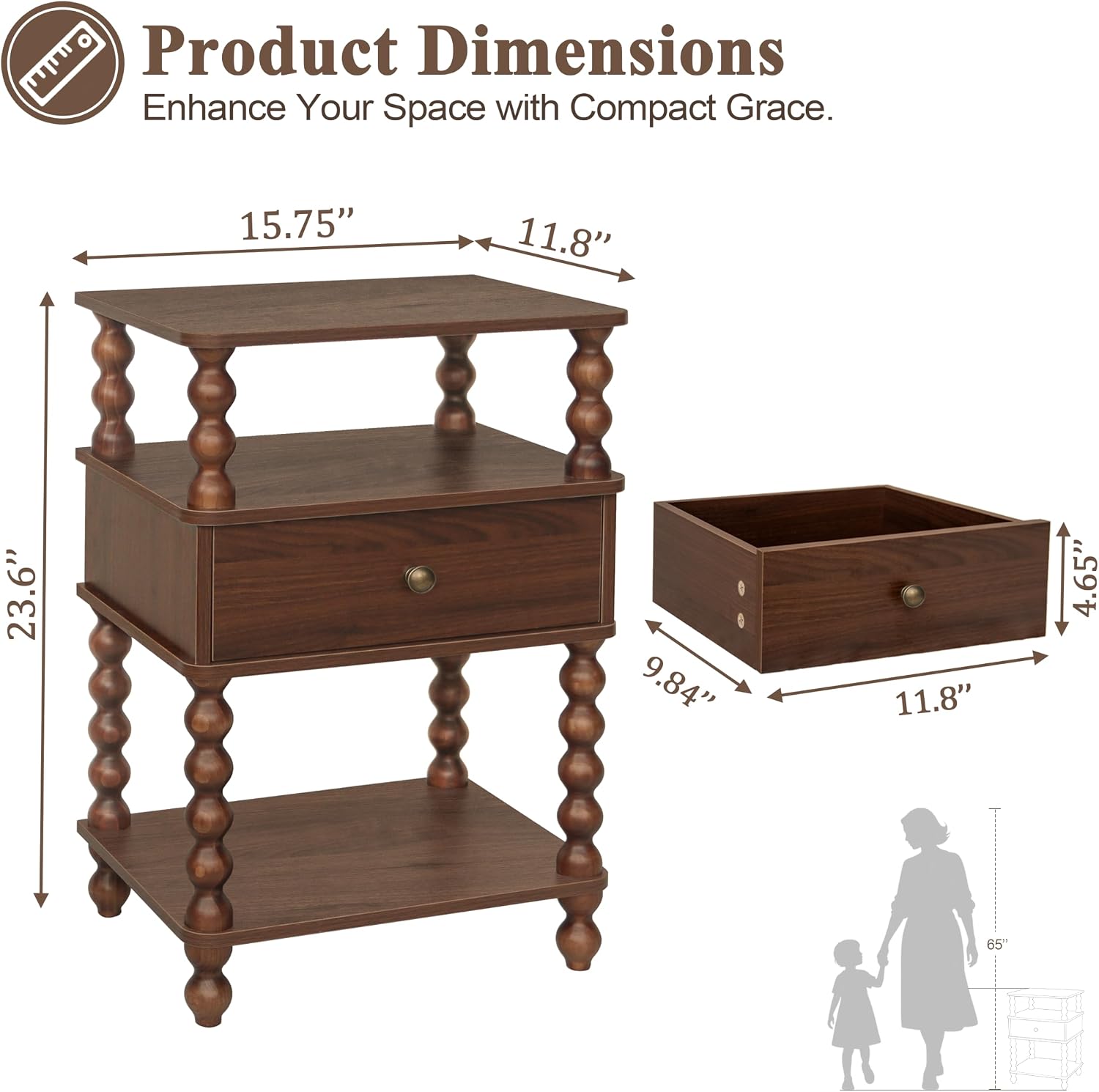 AWASEN Mid Century Modern Nightstand, Bedside Table with Storage, 3-Tier Small Night Stand End Table with Drawer for Bedroom &Solid Wood Spindle Legs, Walnut Brown
