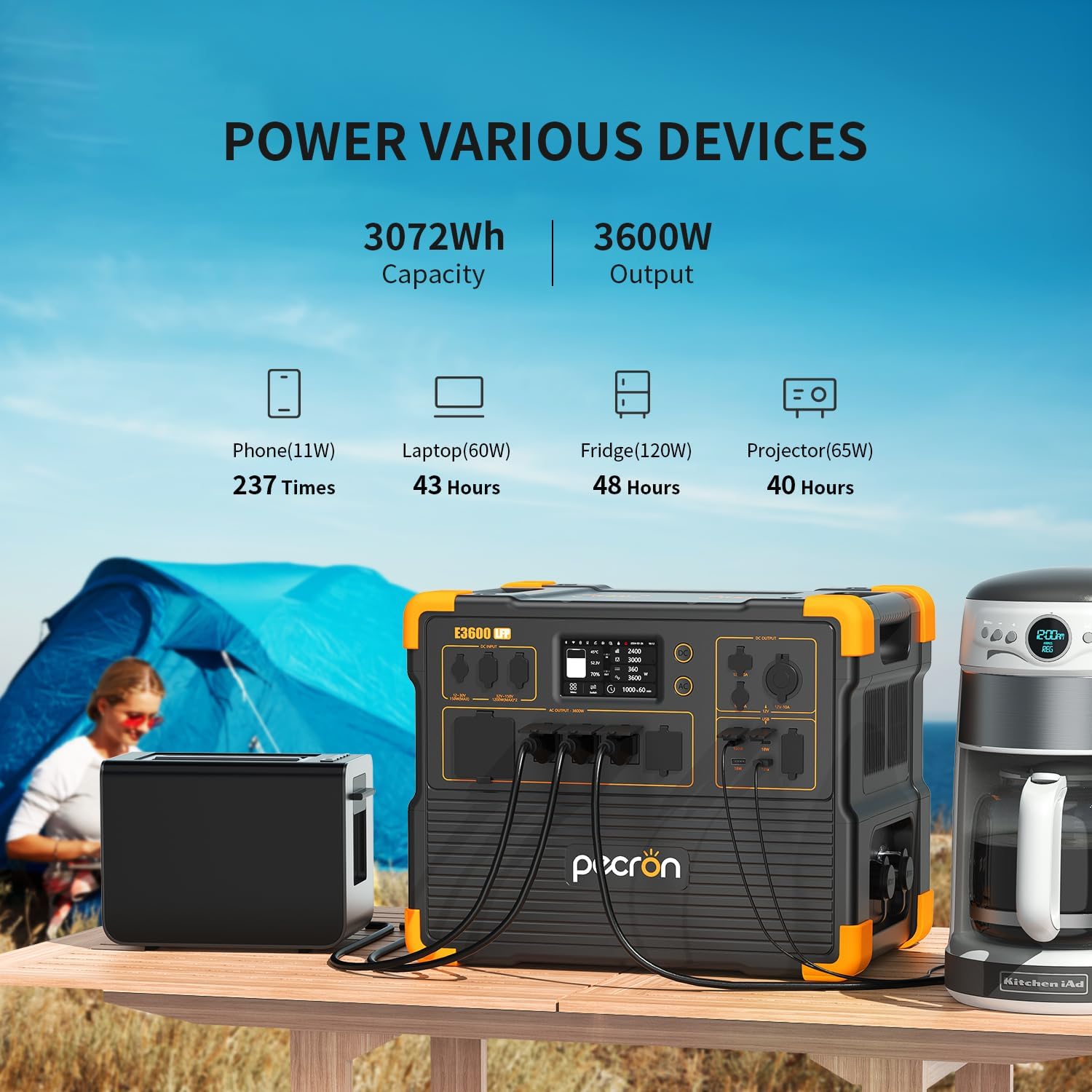 pecron E3600LFP powering a phone, laptop, fridge, and projector in an outdoor campindstilling.