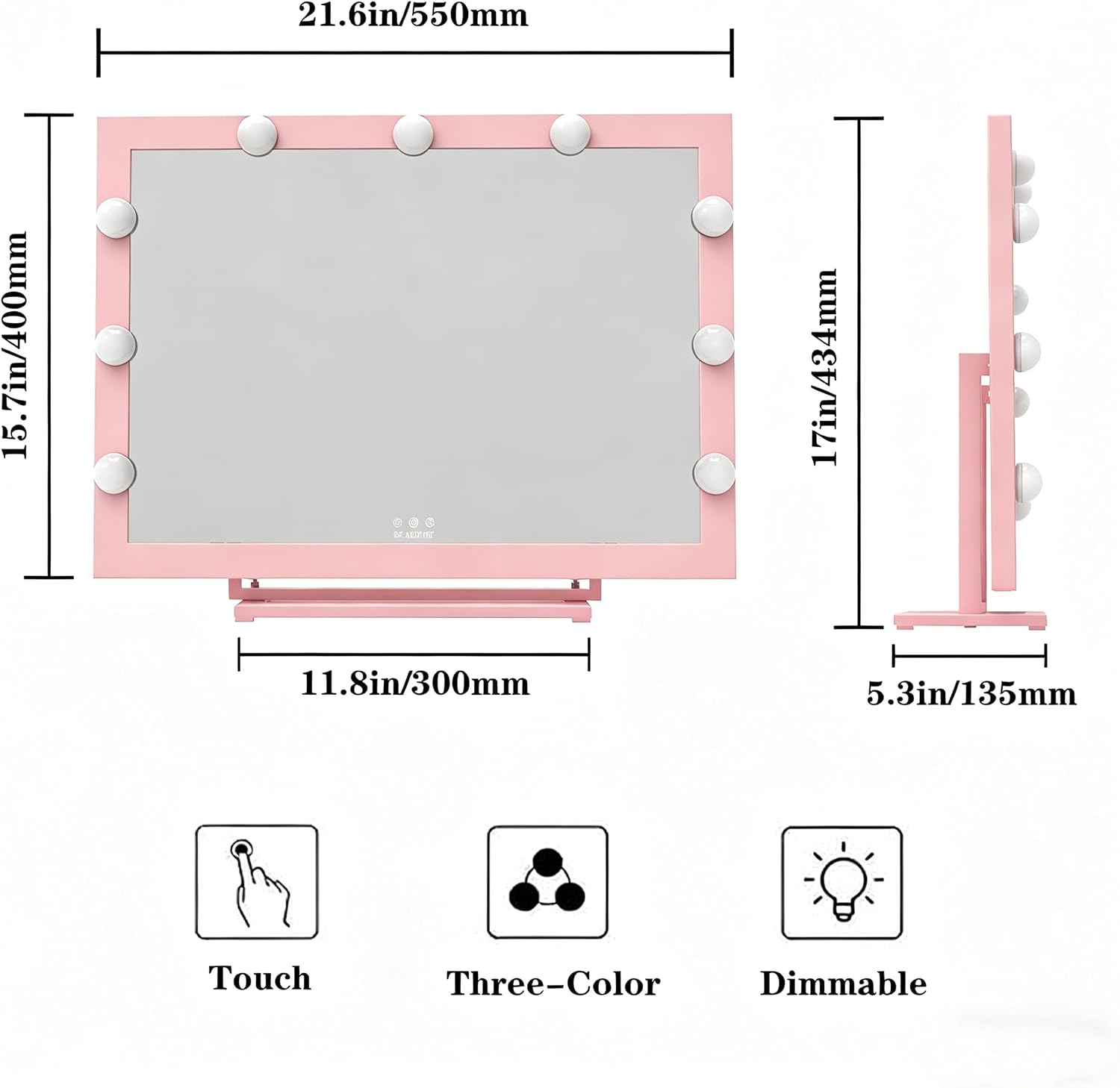 BEAUTME Hollywood Vanity Mirror with Lights, 90° Rotation, 21.6"×15.7" Pink image 3