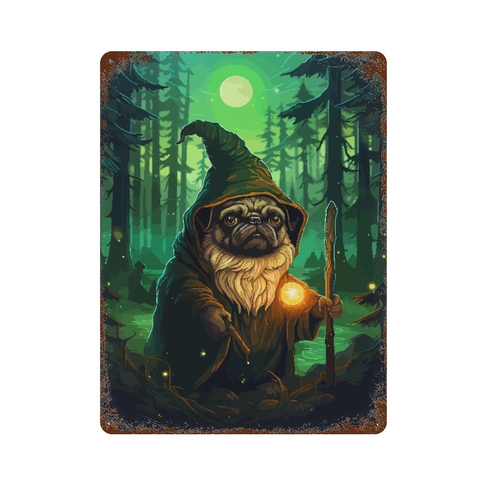 Pug Wizard Forest Pixel Vintage Wall Sign 15.7"x11.8", Rust Effect Metal Decor for Cafe, Home Bar And Lounge Decor