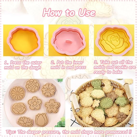 8 Pcs Flower Cookie Cutter, 3D Spring Floral Cookie Stamps | Tulip, Daisy, Sunflower, Rose, Cherry Blossoms Shapes, Homemake Baking Tools for Mother's Day, Valentine, Holiday DIY Cookies