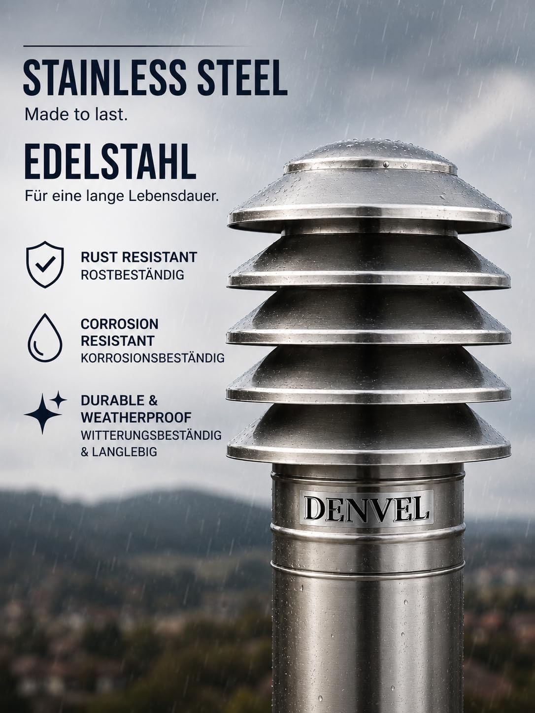 Denvel® – Sombrerete para Chimenea de Acero Inoxidable 180 mm – Diseño Lamelar Anti Retorno de Humo, Cubierta de Chimenea, Extractor de Humos, Sombrero para Conductos de Humos y Ventilación