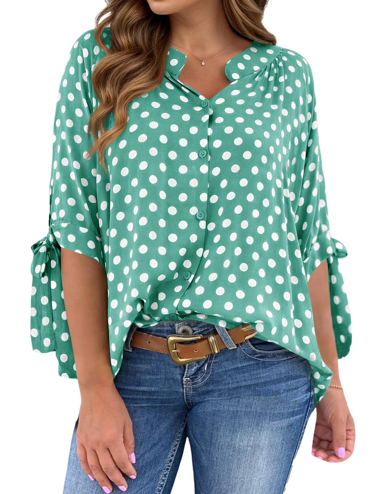 Cicy Bell Haut à pois pour femme - Col en V - Boutonné - Chemisier à manches mi-longues - Haut d'été décontracté