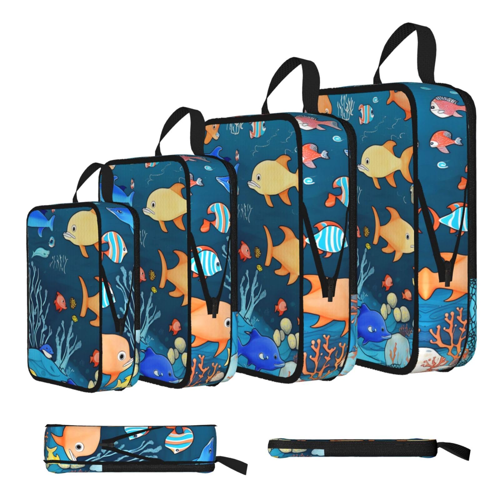 Sxzvvbn Black Blue Underwater World Of Fish Compression Packing Cubes 4 Piece Set
