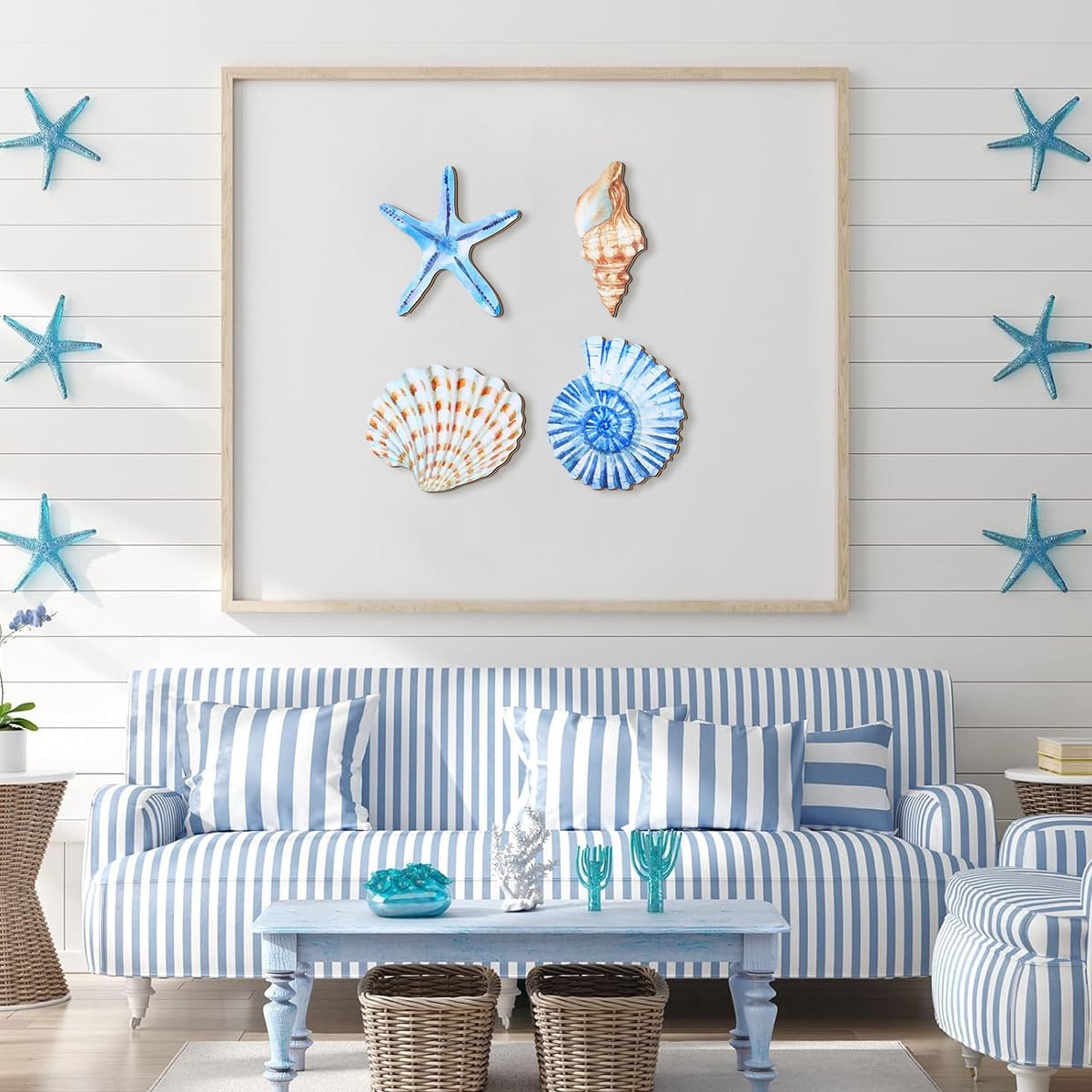 Pursuestar 4Pcs Wooden Beach Wall Decor, Hanging Seashell Starfish Rustic Ocean Coastal Holiday Theme Wall Art Gifts for Bathroom Living Room Bedroom Office - Image 6