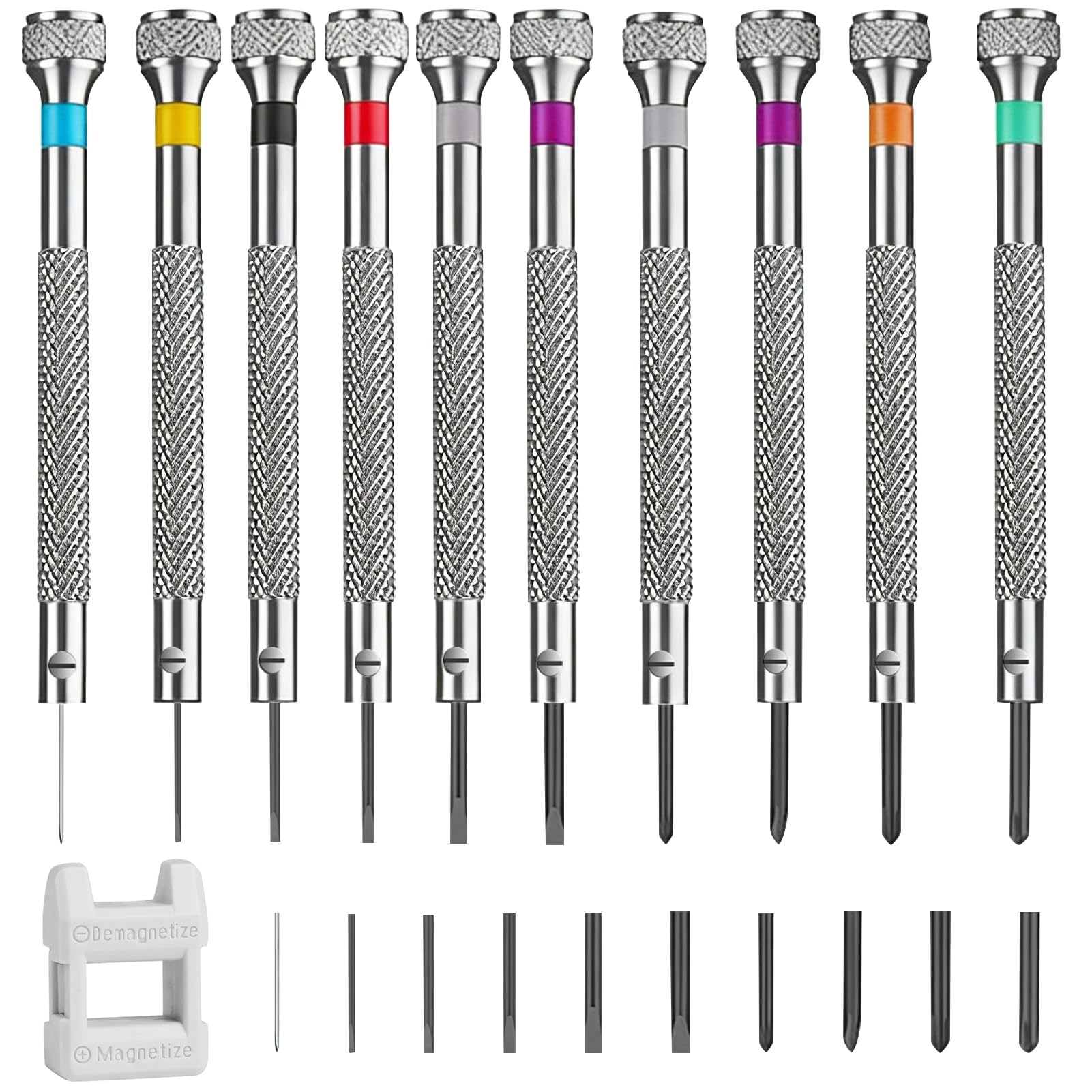21 Pcs Watch Screwdriver Set 0.6-1.6 mm Watchmakers Precision Screwdriver Kit for Watch Jewellers Eyeglasses Clocks Glasses Tools Repair Magnetizer Set with 10 Screwdrivers 10 bits 1 demagnetizer