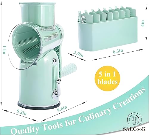 Miniatura 6 de Rallador rotativo de queso con mango, triturador de queso, 5 cuchillas intercambiables de acero inoxidable, rallador, rebanador manual de verduras y