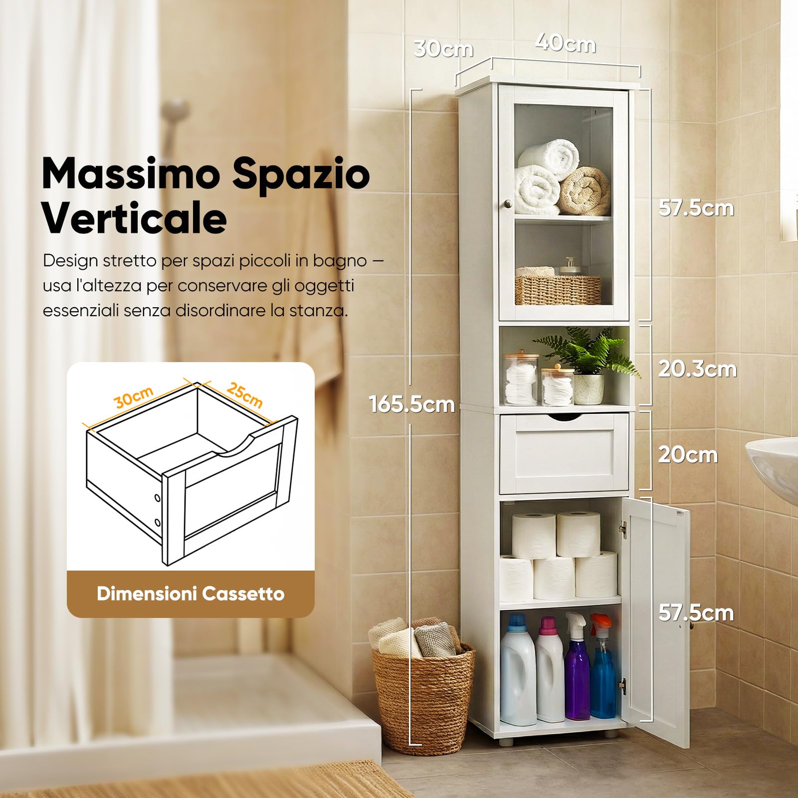HOKEEPER Mobile alto da bagno bianco – Armadio da bagno sottile con 2 ante e scomparti aperti – Mensola da bagno indipendente & Armadio da cucina – Salvaspazio per bagno e soggiorno | Sottile salvaspazio armadietto alto armadio cucina mensola con anta per