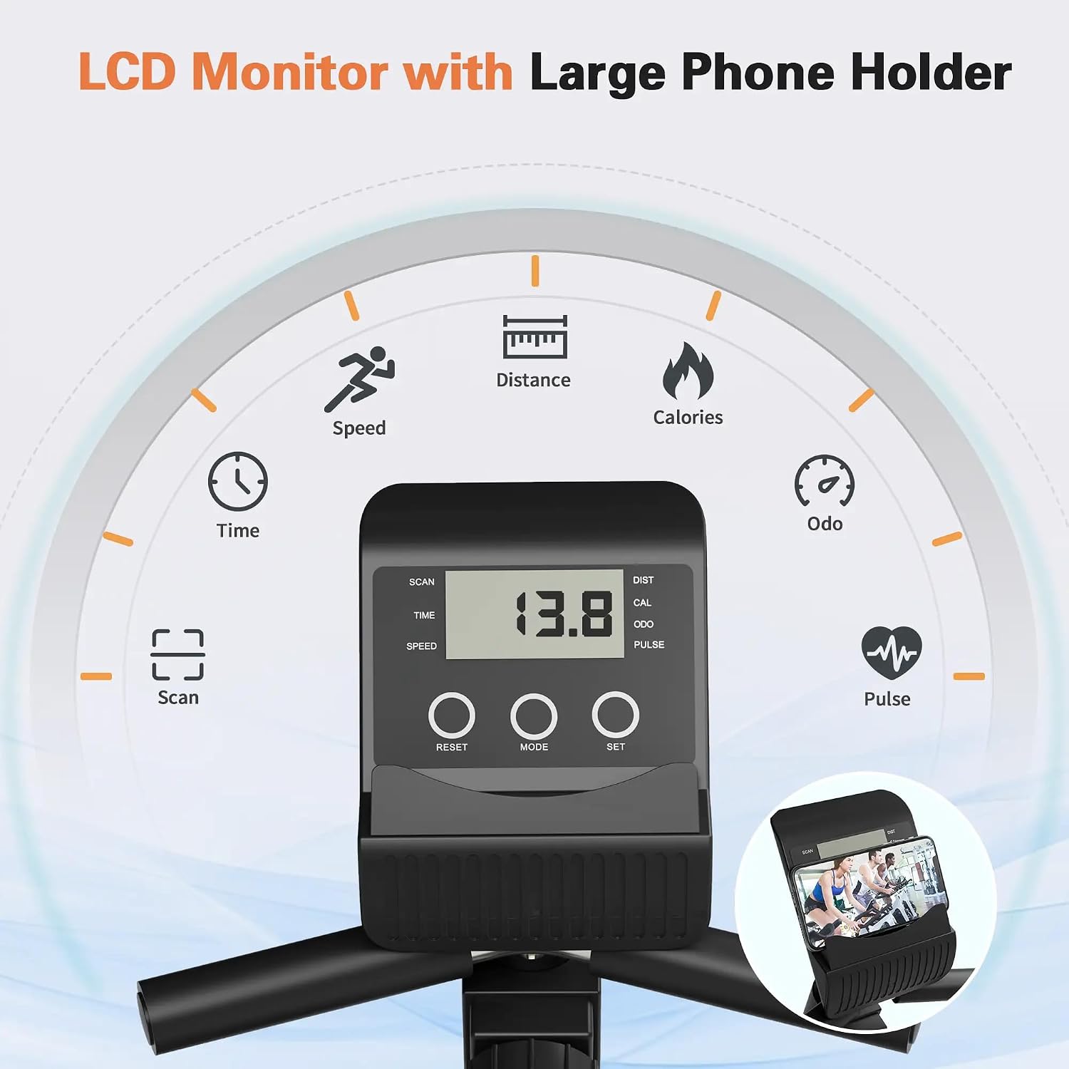 Image showing the LCD monitor of the Goimu XB03 exercise bike with a large phone holder, displaying time, speed, distance, calories, odometer, and pulse.