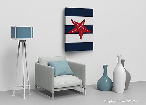 Miniatura 4 de Ilustración roja de estrellas de mar, fondo a rayas azul marino y blanco, decoración náutica, lienzo impreso en lienzo costero, decoración del