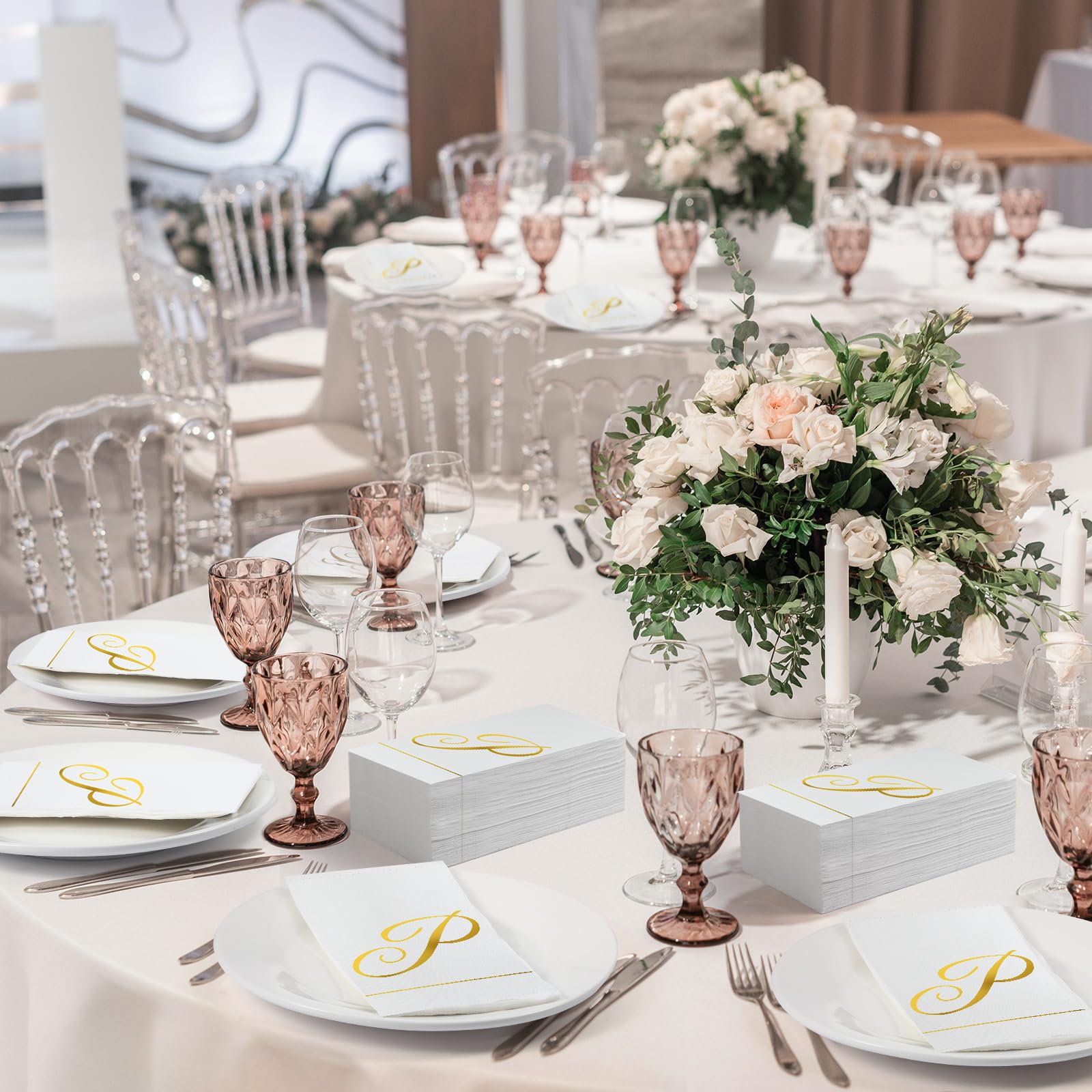 Pasimy 200 servilletas con inicial, servilletas de papel con monograma dorado, desechables, elegantes, para bodas, despedidas de soltera, vacaciones, fiestas de cumpleaños, decoración de vajilla