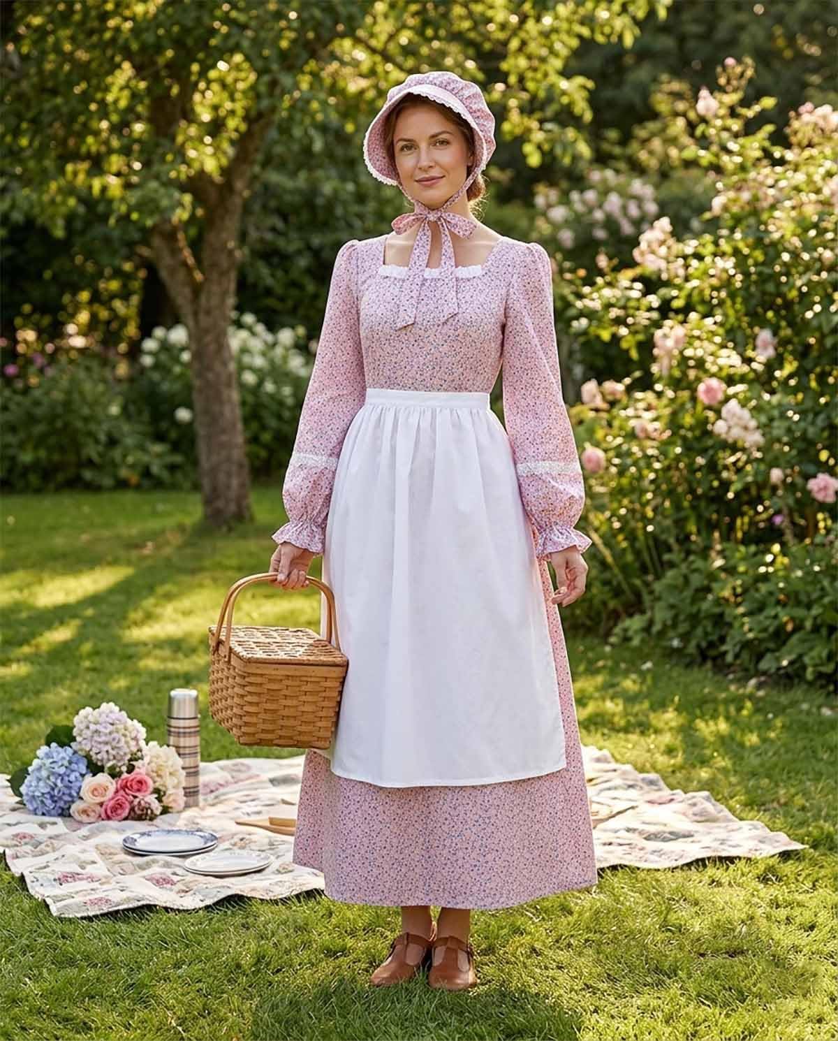 LTAKK Colonial Dress Women Prairie Pioneer Dresses Floral Pilgrim Costume Civil War Dress