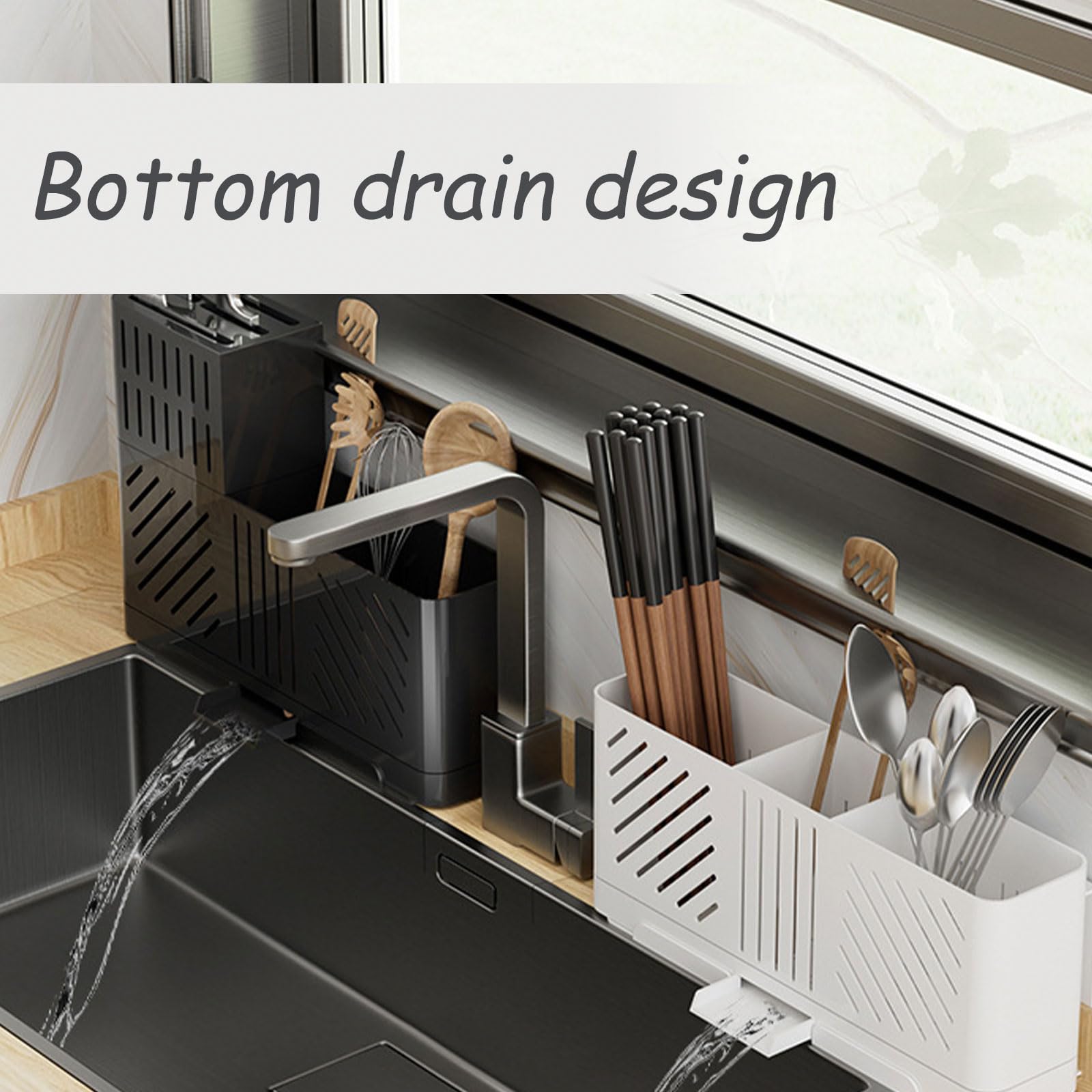 Soporte para utensilios de cocina con ganchos, escurridor de cubiertos y cucharas, organizador de encimera negro para cocina y comedor