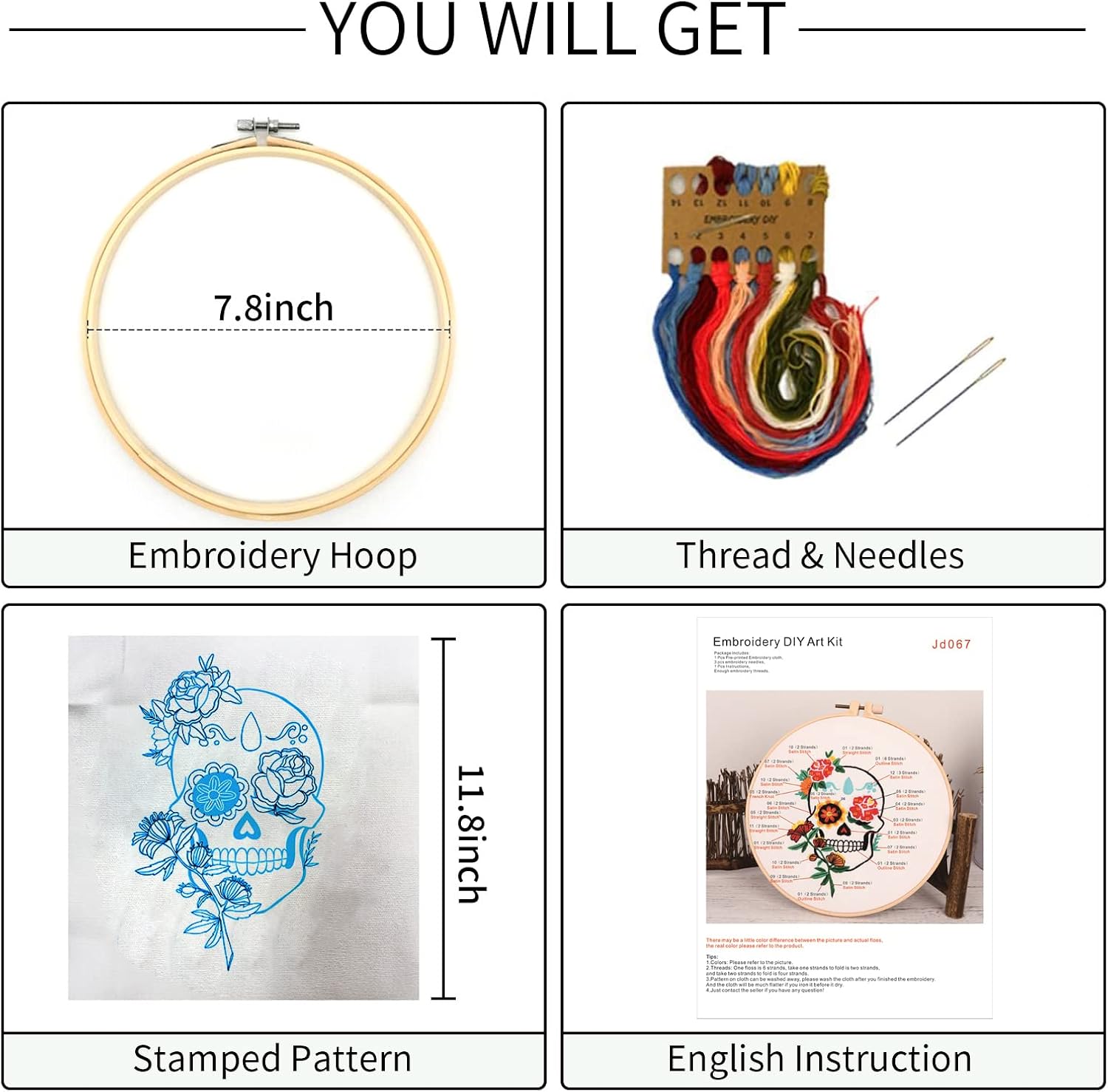 Nuberlic Embroidery Kit Cross Stitch Kits for Beginners Skull with Flowers Pattern DIY Needlepoint Kit for Adults