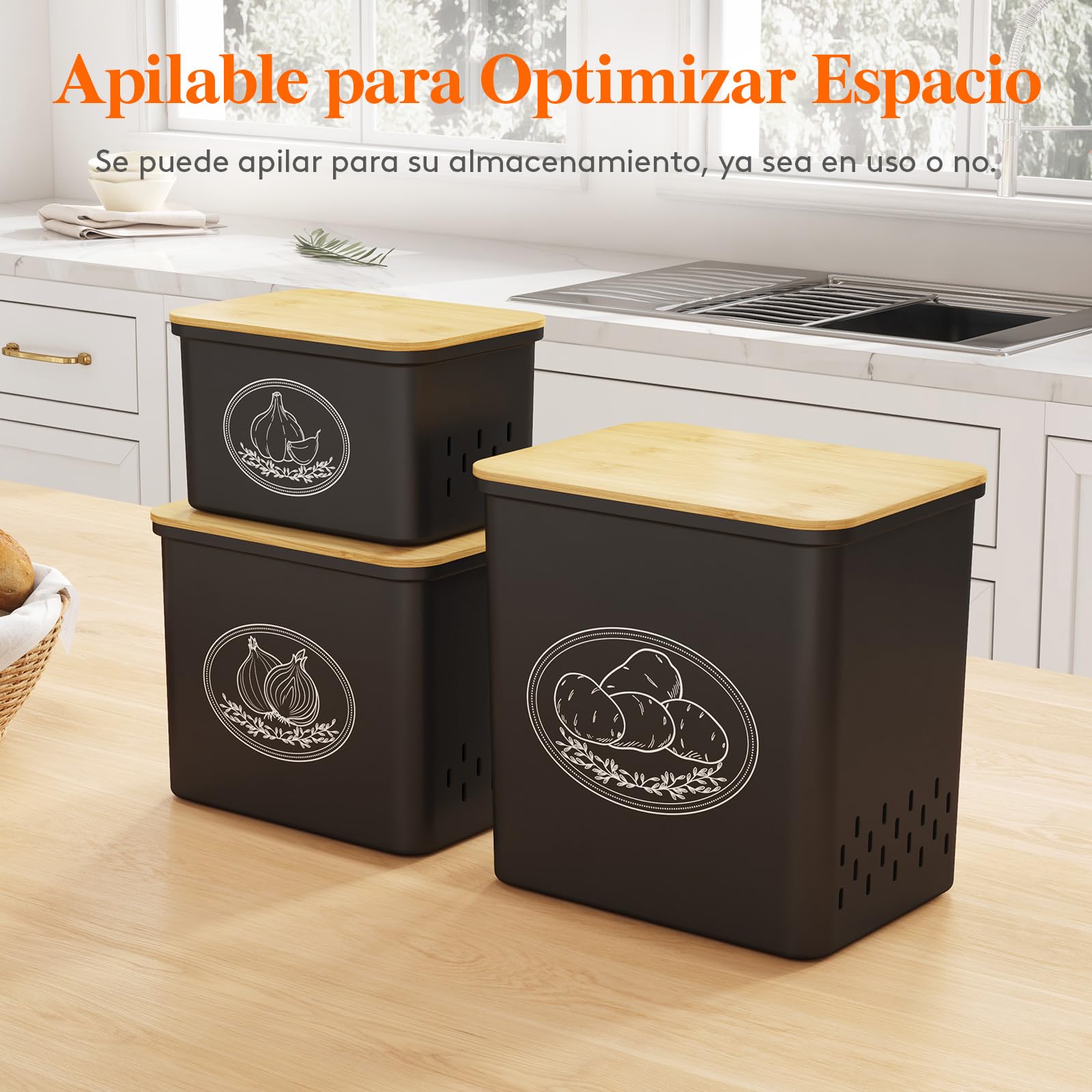 Lifewit Caja para Guardar Patatas, Grande Cesta Cebolla con Tapa y Orificios de Ventilación, Apilables de Plástico para Verduras y frutas de Cocina, 24 cm(H), Negro, 3 Piezas