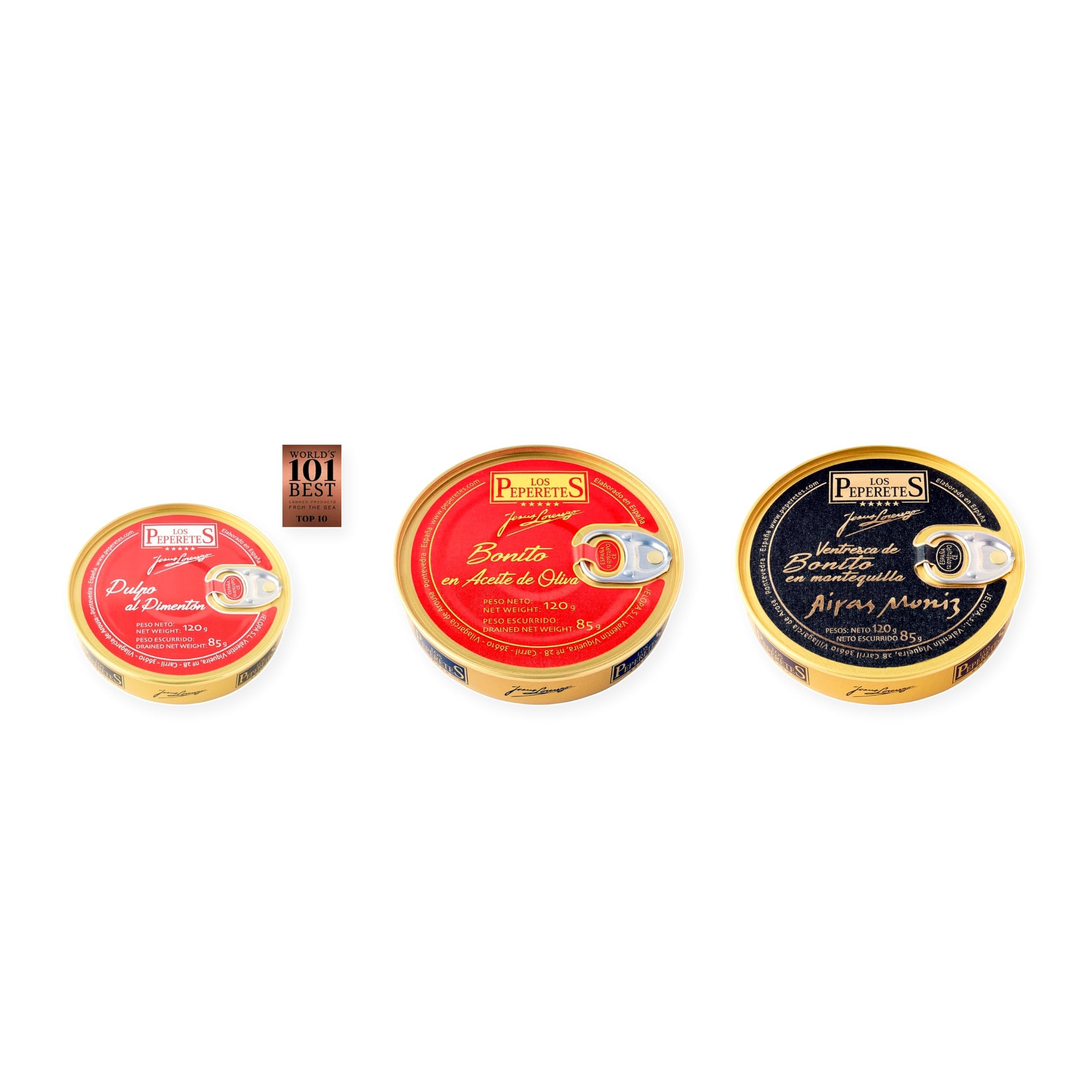 los peperetes conservas Pulpo Pimentón, Bonito Aceite Oliva y Ventresca Bonito Mantequilla pack 3 latas