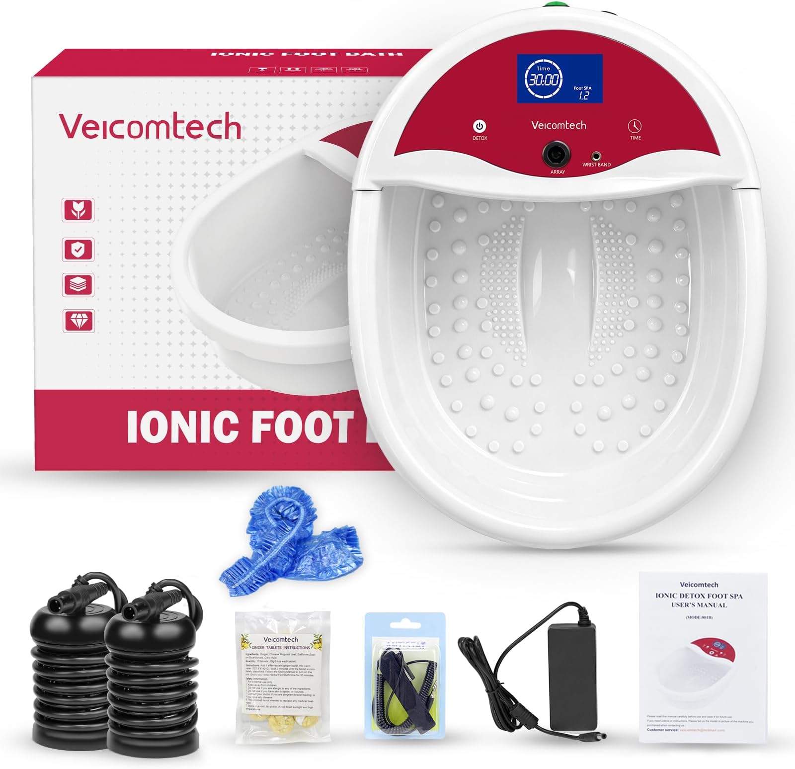 veicomtech [2023 Upgrade] Ionic Foot Bath Detox Machine, Foot Detox Machine, Ionic Foot Spa Kit with 10 Ginger Tablets 2 Arrays 25 Tub Liners for Home use or Salon
