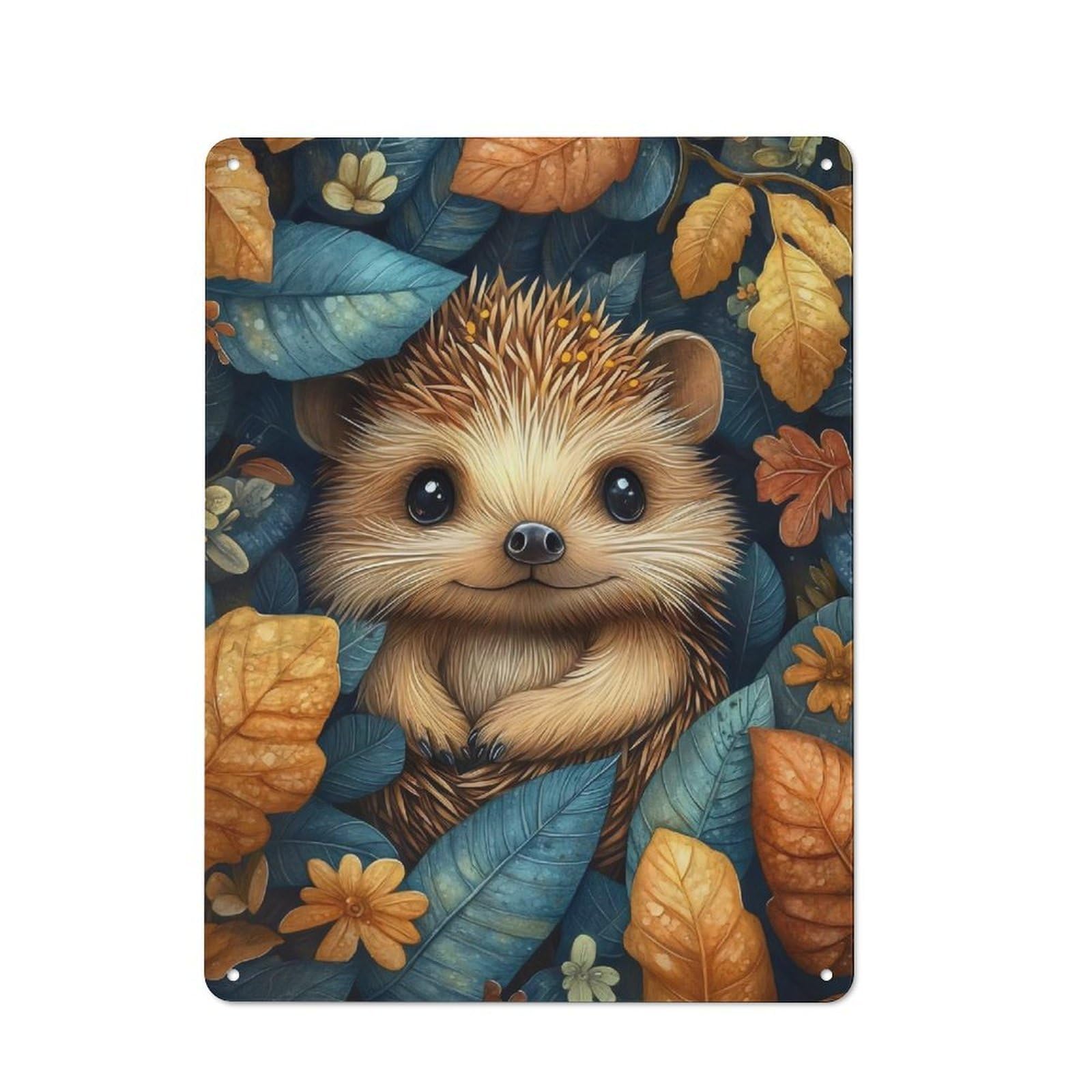 Junmoney Baby Hedgehog In Autumn Leaves Vintage Metal Plaque 40X30cm, Diner Style Decor For Coffee Bar, Kitchen, Bistro Or Tea Corner
