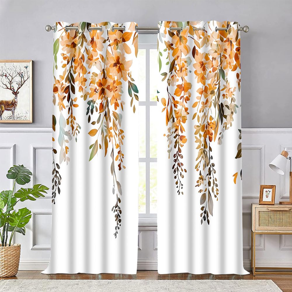 EOTDMS Orange Watercolor Floral Curtains 84 inches Long, Botanical Leaves Vine Flowers Rustic Farmhouse Curtains, Blackout Window Treatment Drapes for