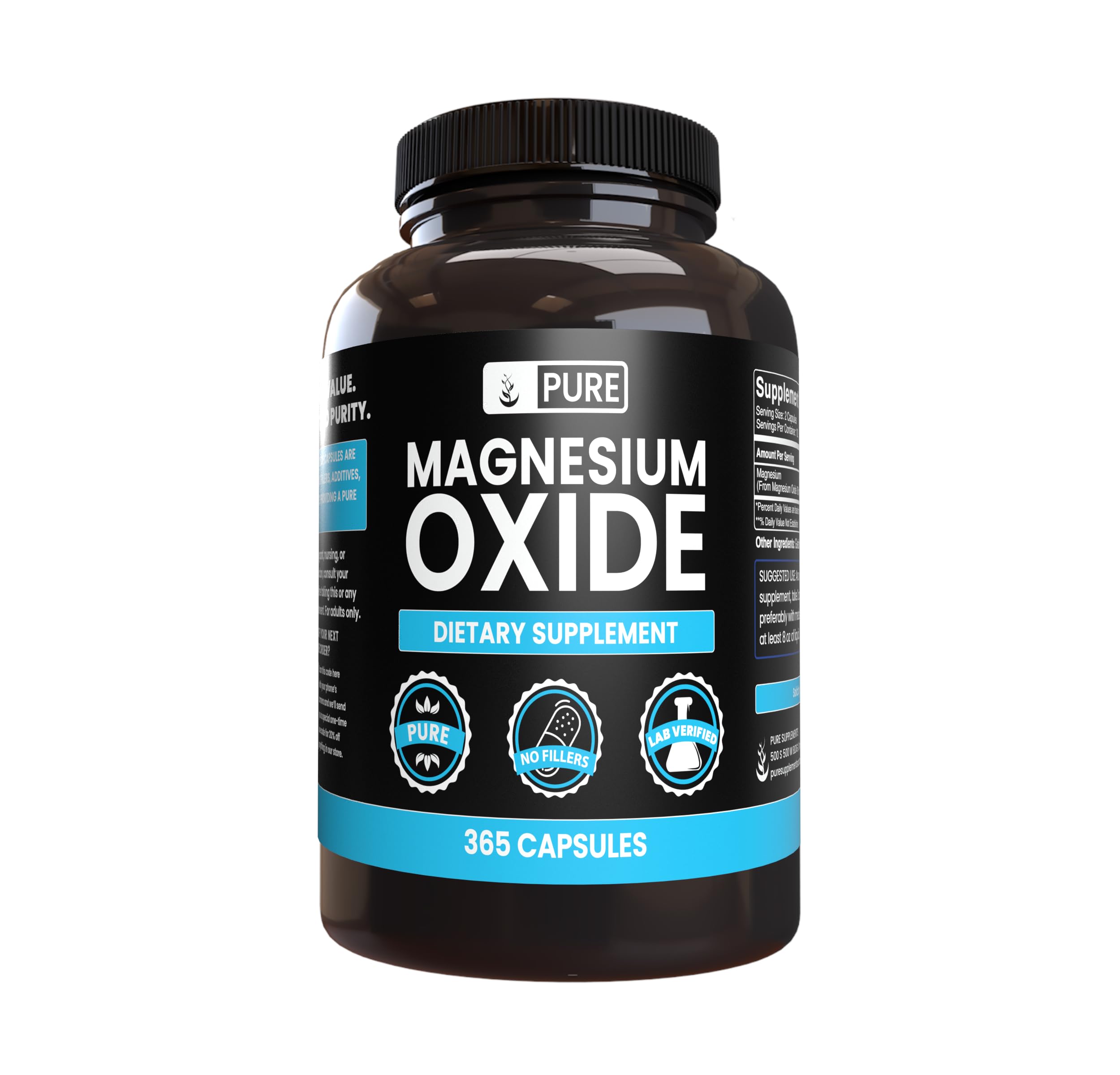 Pure Original Ingredients Magnesium Oxide No Magnesium Or Rice Fillers, Always Pure, Lab Verified (365 Capsules)