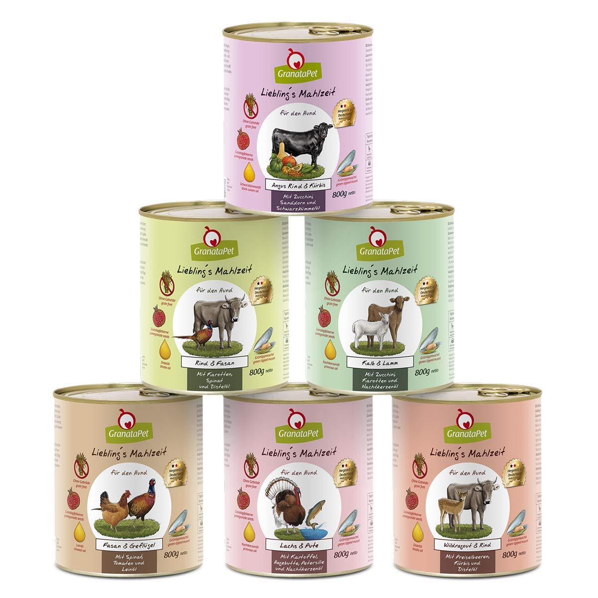 GranataPet Liebling's Mahlzeit Multipack 2, Nassfutter für Hunde im Probierpaket, 6 x 800 g & Liebling's Mahlzeit Wild PUR, Nassfutter für Hunde, Hundefutter ohne Getreide & Zuckerzusätze, 6 x 800 g