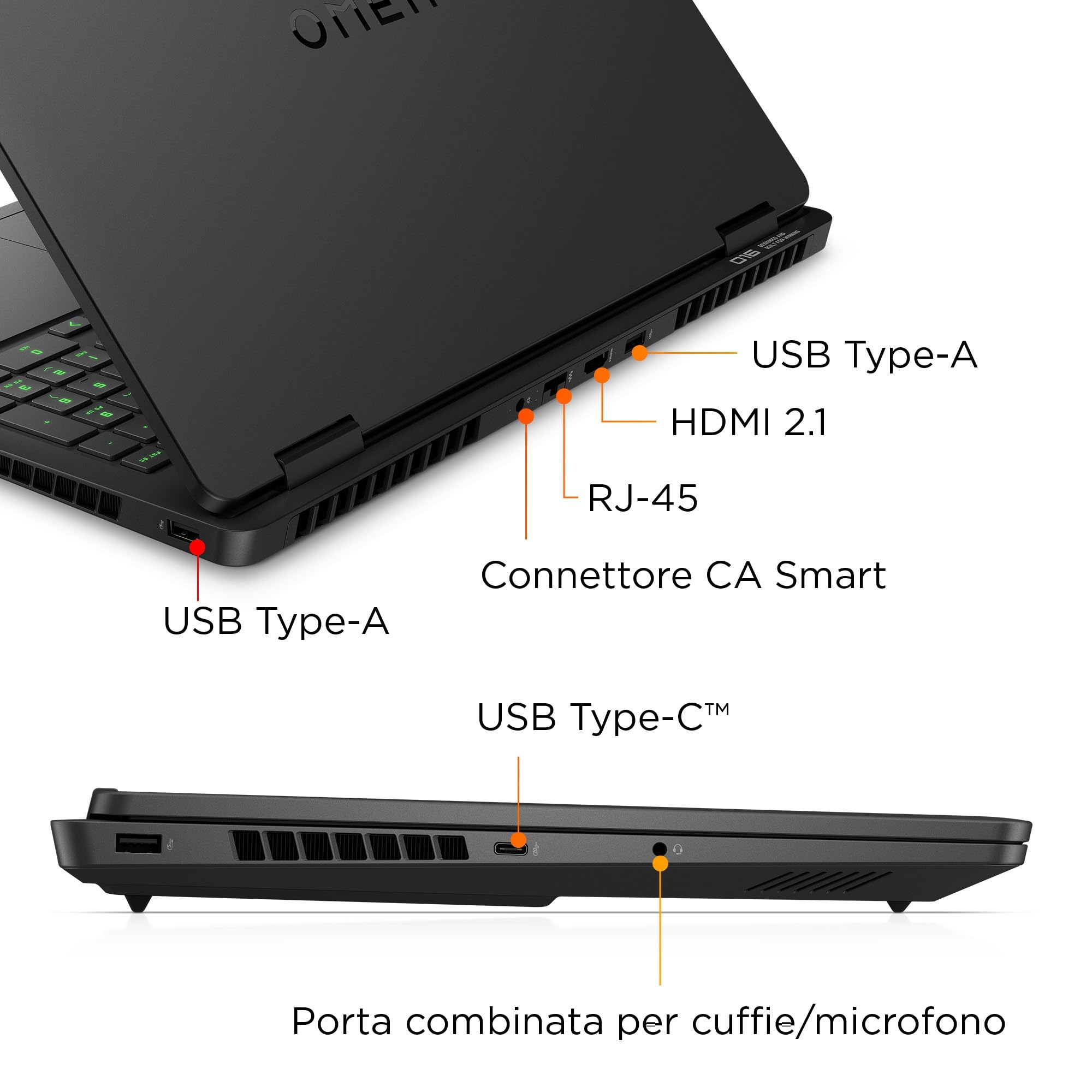 HP OMEN 16-ap0008slx, Notebook, AMD Ryzen 9-8940HX, 16 GB RAM, 512 GB SSD, NVIDIA RTX 5060 8GB, 16" 2K IPS 144Hz, Laptop, 1080p TNR IR Privacy Cam, FreeDOS 3.0, Portatile, Nero