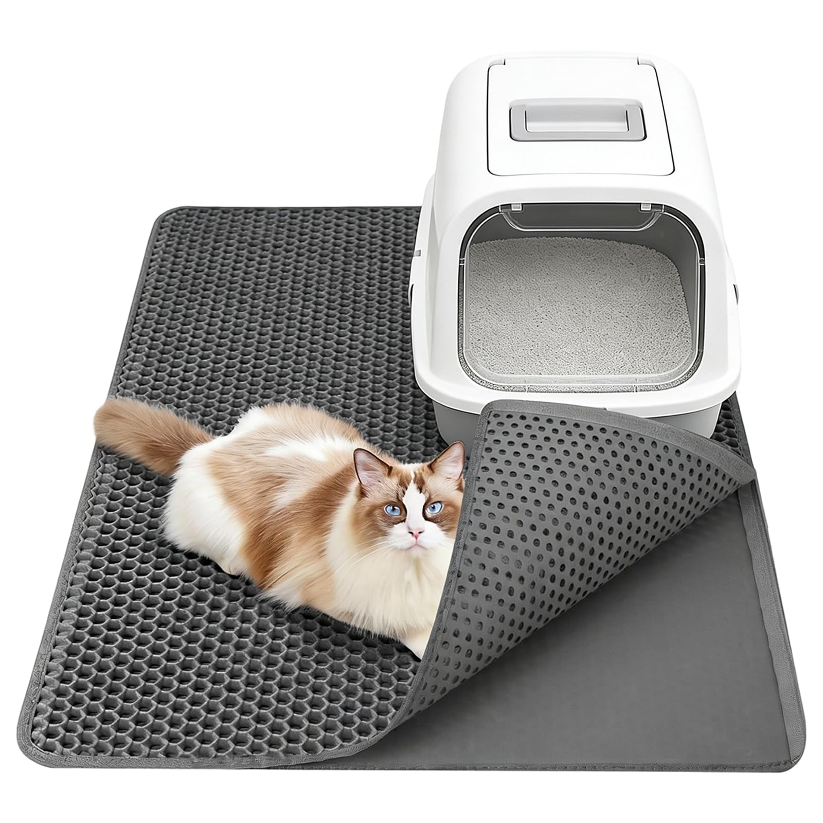 Katzenstreu Matte XXL, Katzenklo Matte Doppelte Schichte Katzenstreumatte 90x60 cm EVA Katzenmatte mit Klettverschluss Waben Grau Katzenklo Unterlage