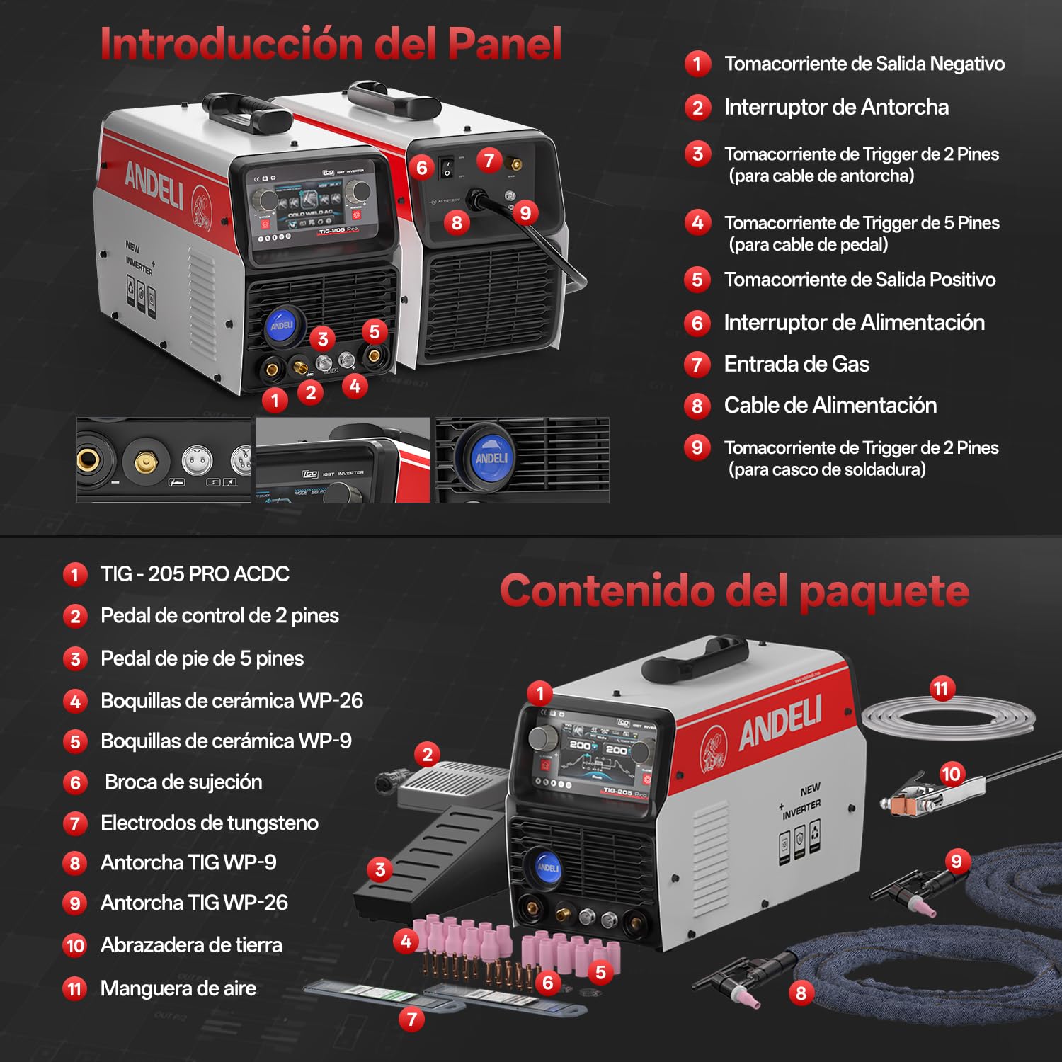 ANDELI 10 en 1 Soldador TIG de Aluminio AC/DC, Pedal de Pie, 205A, LCD, Ondas de Pulso/Cuadrada/Seno/Trapesoidal, Soldadura Fría/Punto, 230V, TIG-205 PRO