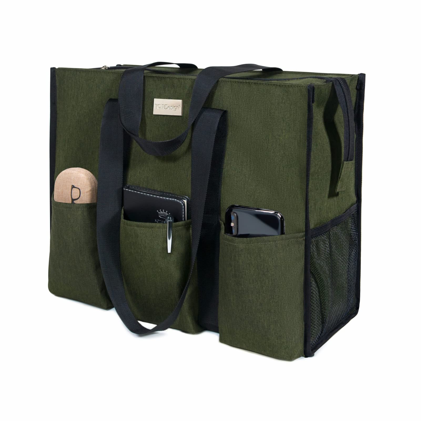 TOPDesign Utility Water Resistant Tote Bag with 13 Pockets, Zipper Closure
