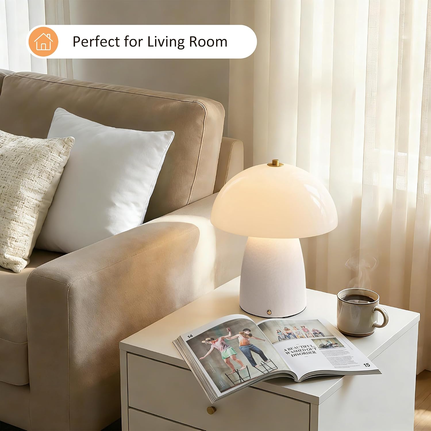 11" Mushroom Table Lamp, Small Ceramic Desk Bedside Lamp with Touch Control 3-Way Dimmable & Glass Shade, Modern Nightstand Lamp for Living Room Bedroom Home Office Crackle Texture Decor-White