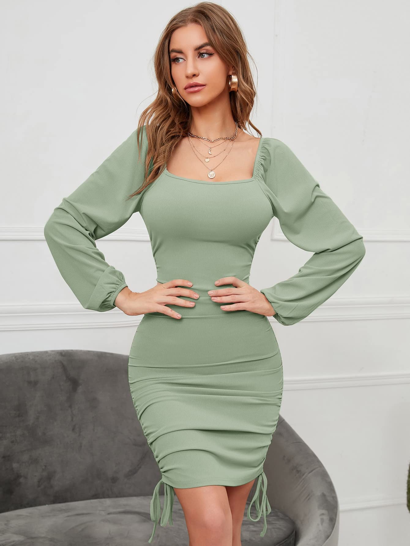 Women's Dresses Lantern Sleeve Drawstring Side Square Neck Bodycon Dress Dress for Women(Mint Green,Large) : Clothing, Shoes & Jewelry