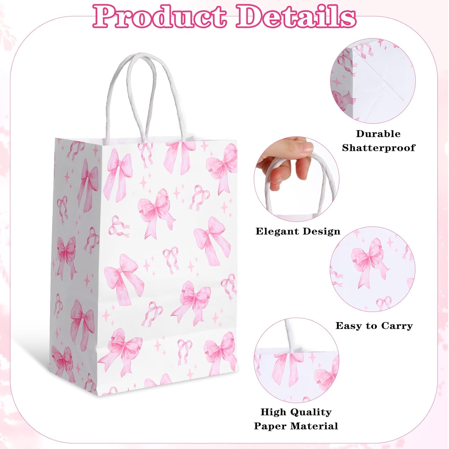 Oqqlin 48 Pcs Bow Paper Gift Bags with Handles, 8.3 x 5.9 x 3.1 Inch Pink Bow Print White Paper Bags Party Favor Goodie Candy Tote Bag for Birthday, Wedding, Baby Shower, Valentine's Day - Image 3