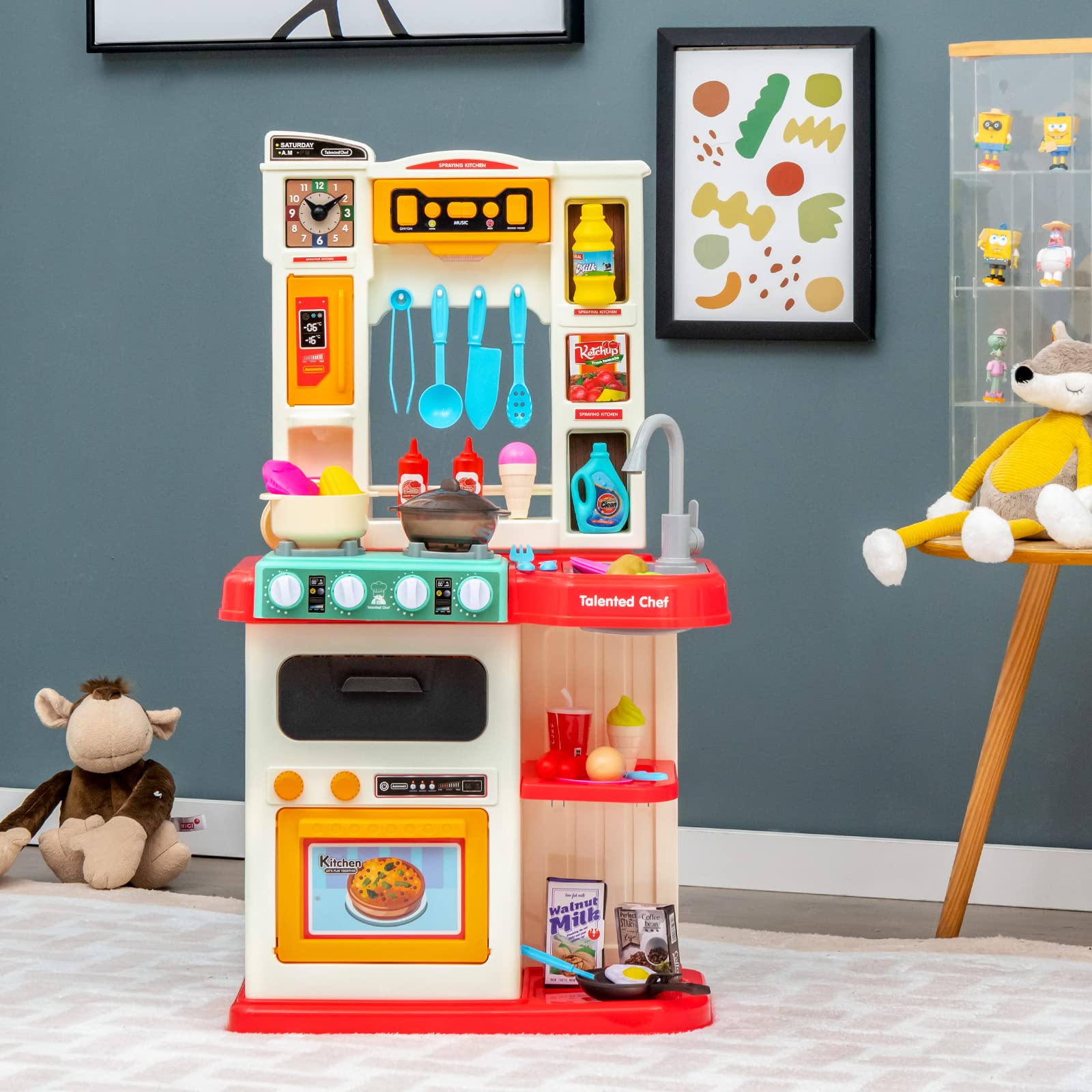 COSTWAY 65 TLG. Kinderküche mit Lichter, Musik und Sound, Spielküche inkl. Zubehör, Kinderspielküche mit Wasserpumpe, Spielzeugküche für Kleinkinder ab 3 Jahren (Rosa)